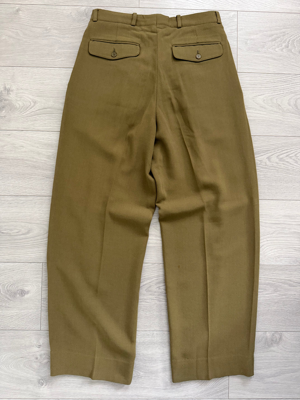 Emporio Armani 1990s Triple Pleat Draped Textured Wool Rayon Pants Taupe Khaki - Size 31" Waist