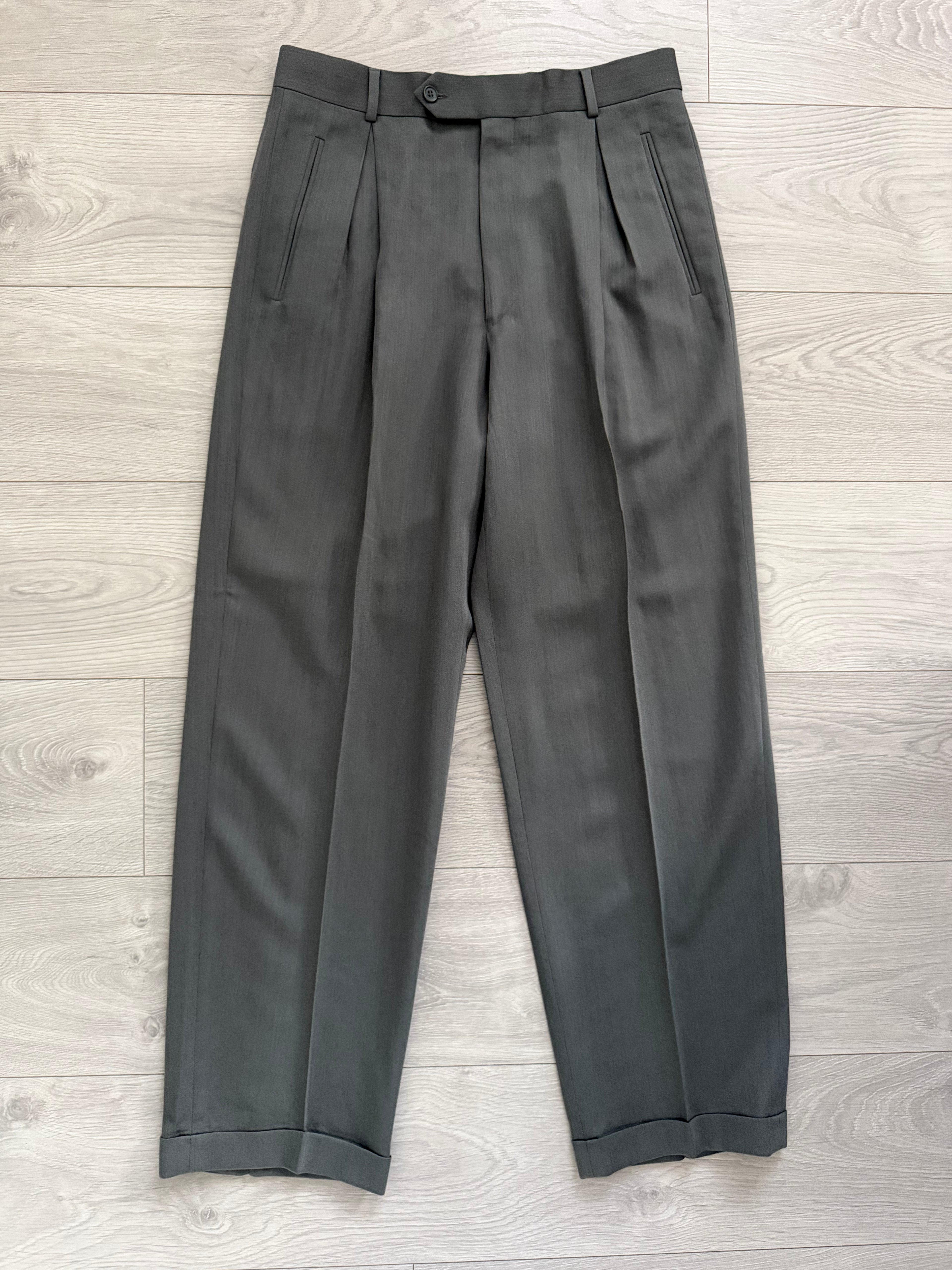Giorgio Armani Mani 1980s Double Pleat Draped Textured Wool Nylon Pants Taupe Gray - Size 33" Waist