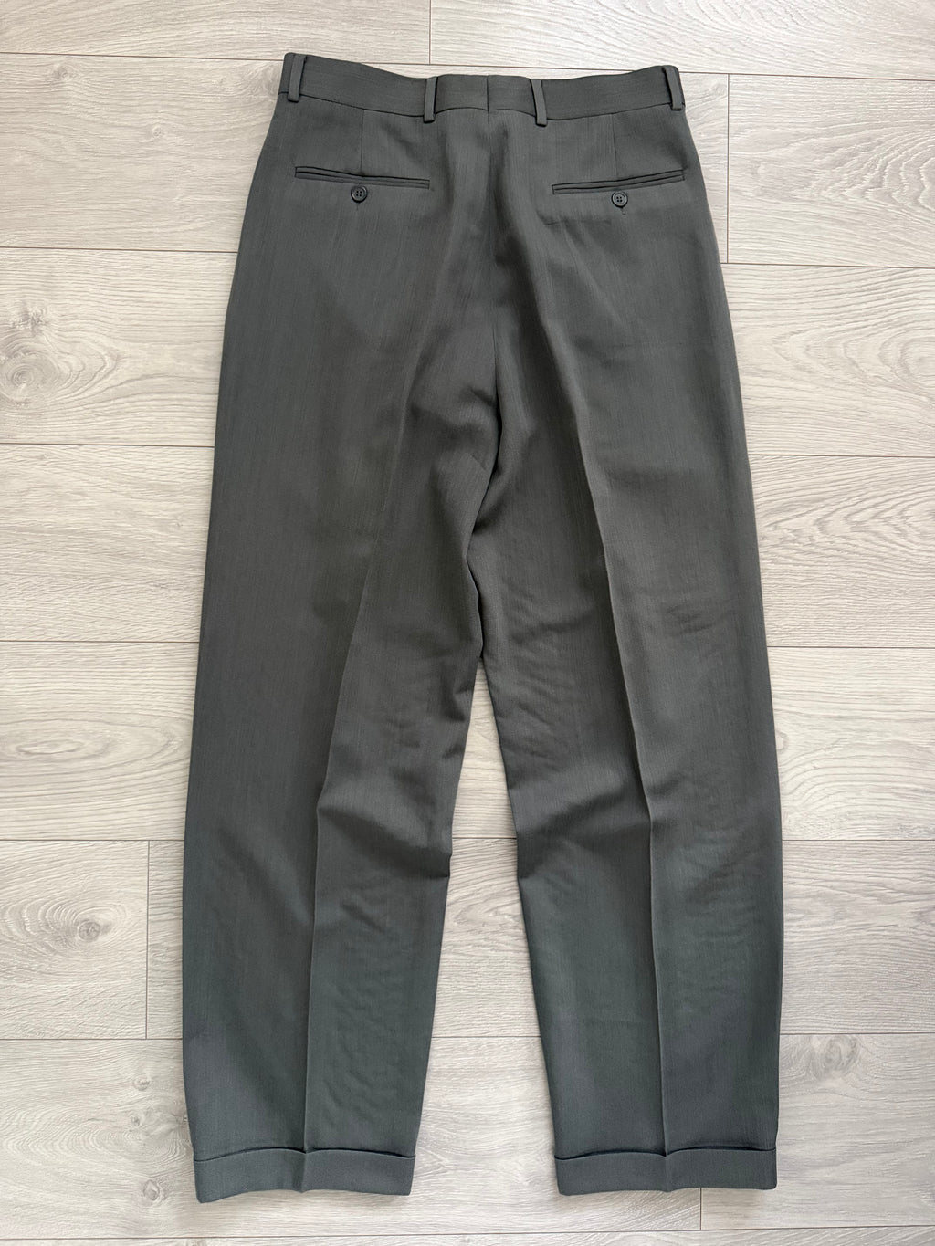 Giorgio Armani Mani 1980s Double Pleat Draped Textured Wool Nylon Pants Taupe Gray - Size 33" Waist