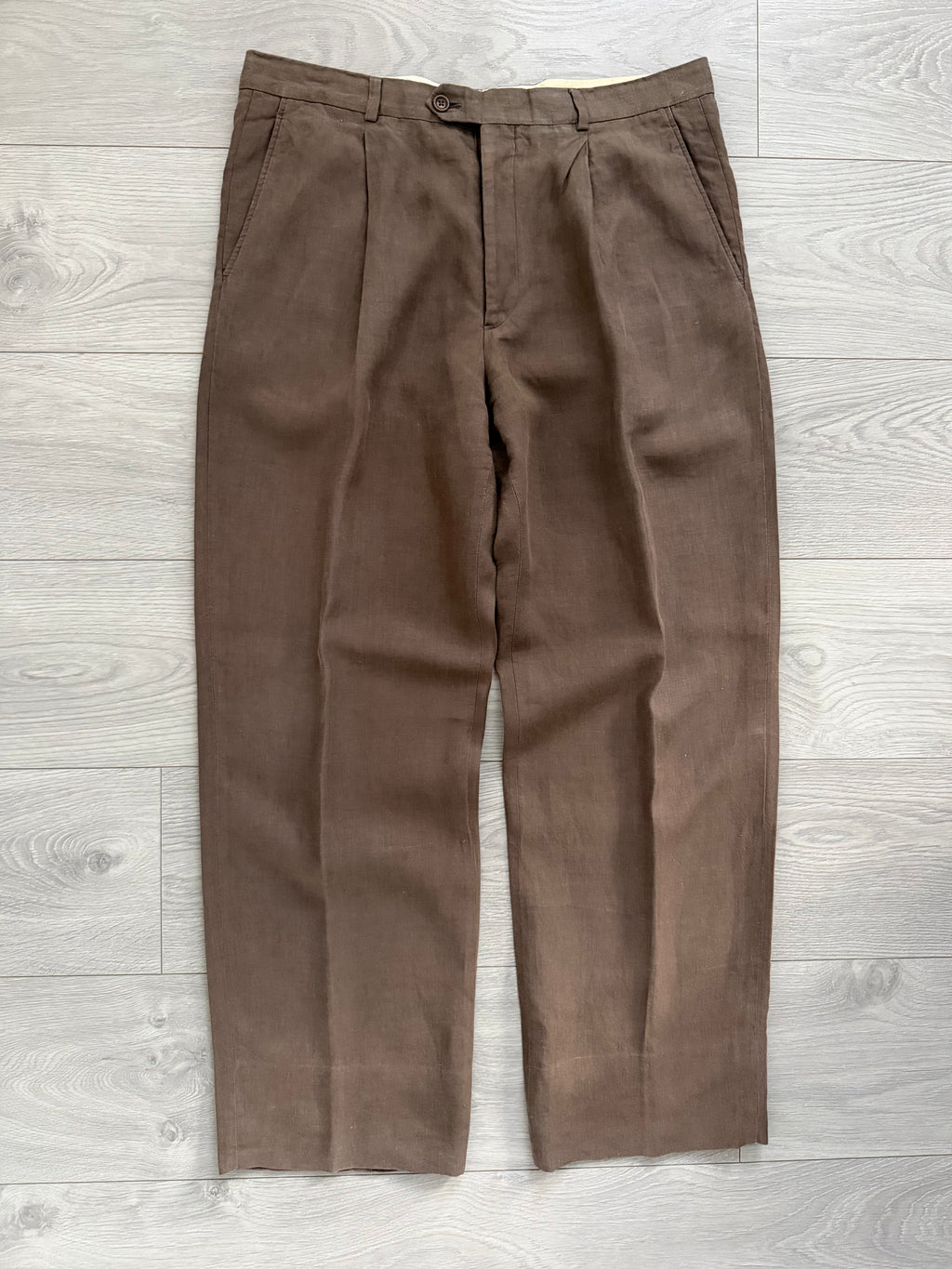 Armani 1990s Linen Pleated Pants Taupe Brown - Size 35" Waist