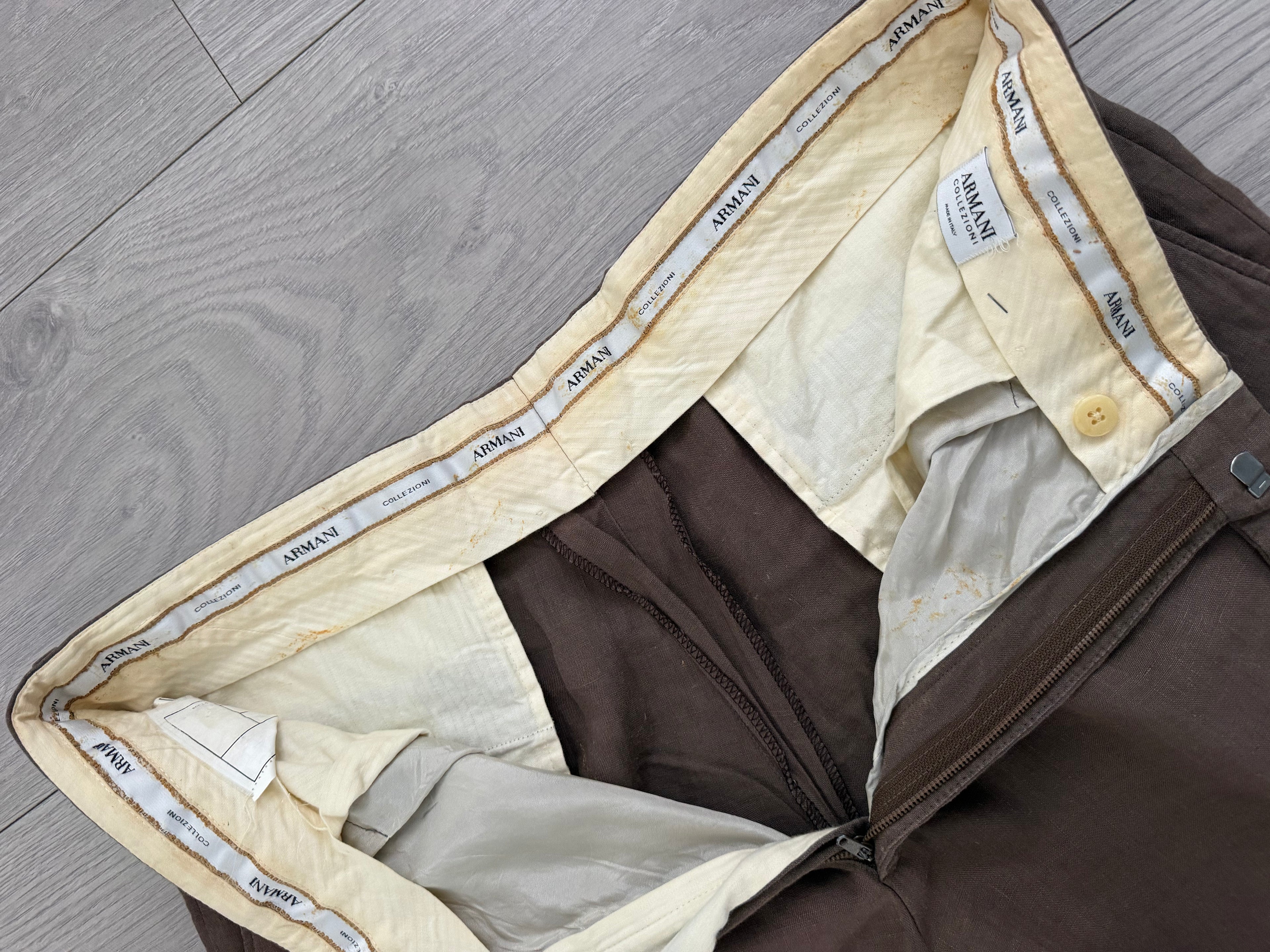 Armani 1990s Linen Pleated Pants Taupe Brown - Size 35" Waist
