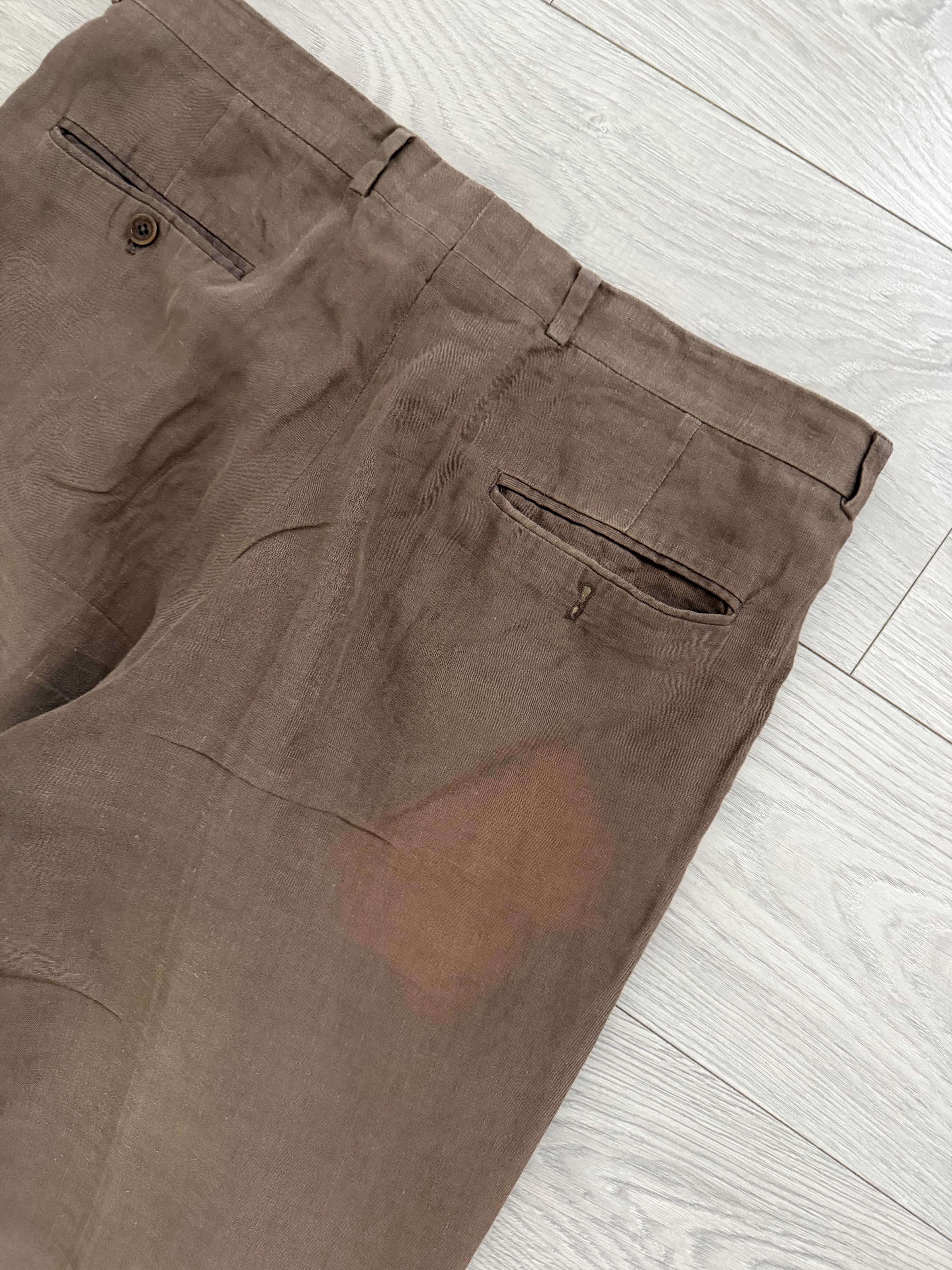 Armani 1990s Linen Pleated Pants Taupe Brown - Size 35" Waist
