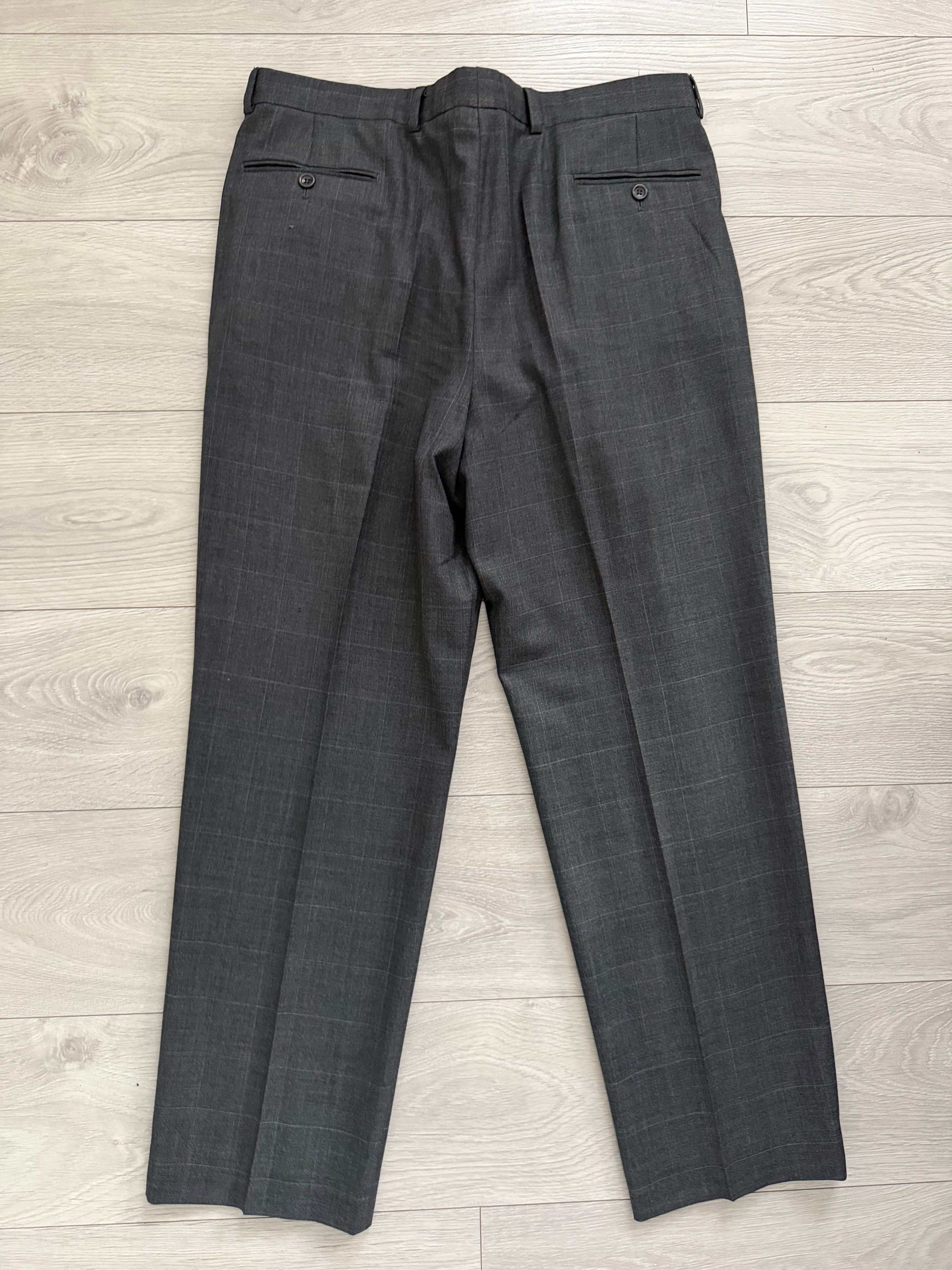 Armani 1990s Windowpane Check Pleated Wool Pants Gray - Size 38" Waist