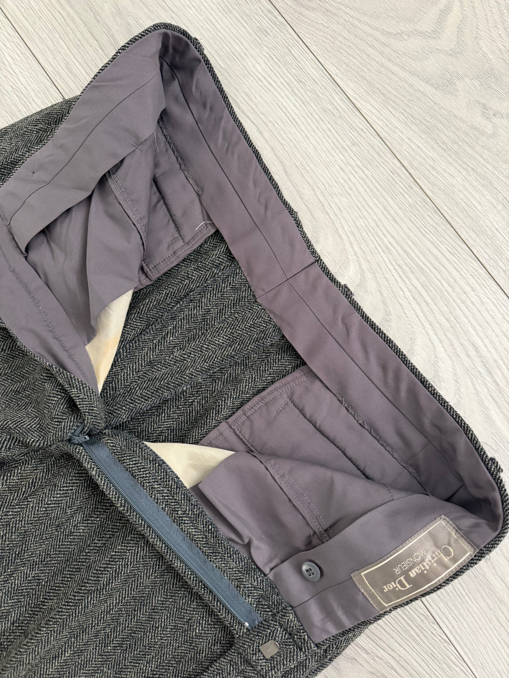 Dior 1980s Herringbone Tweed Wool Pants Gray - Size 33" Waist