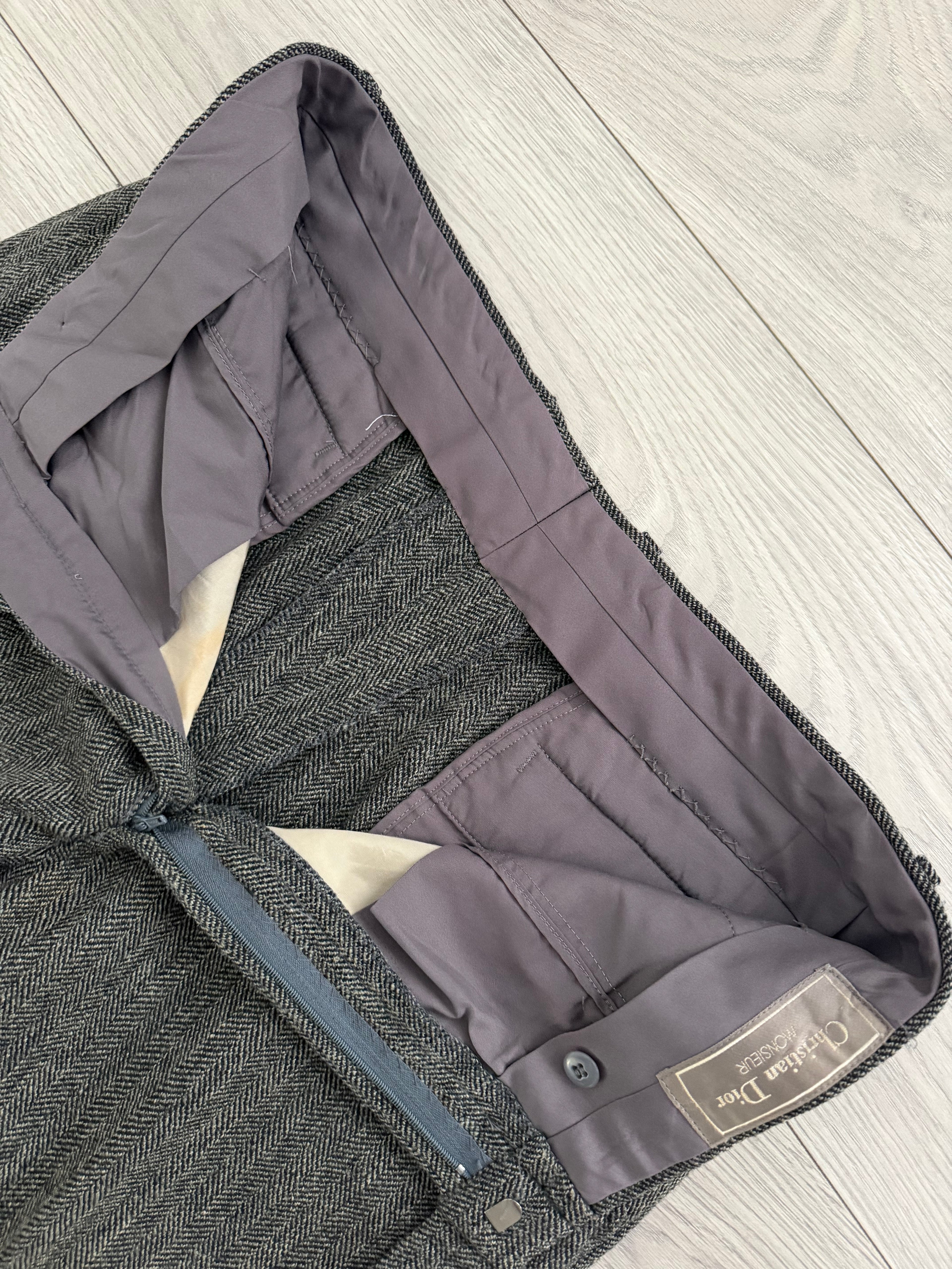 Dior 1980s Herringbone Tweed Wool Pants Gray - Size 33" Waist