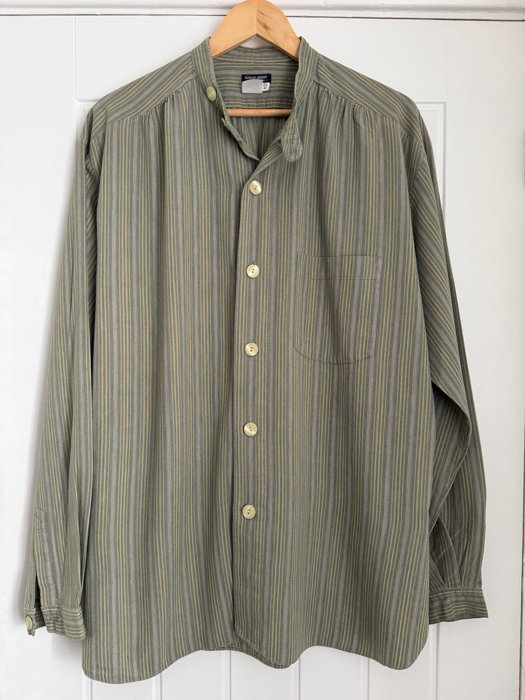 Giorgio Armani Black Label 1990s Nehru Collar Textured Pleat Stitch Shirt - Size XL