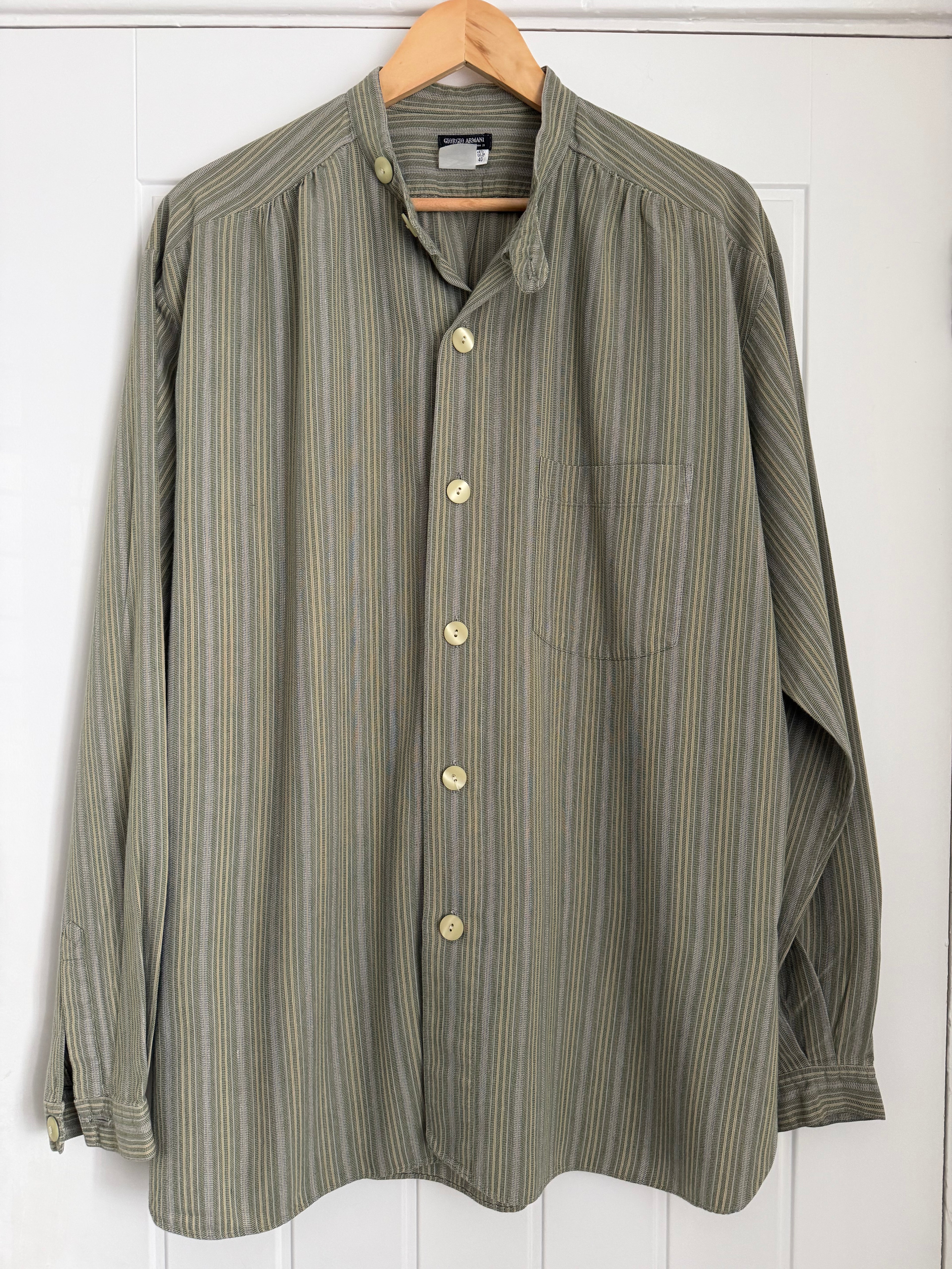 Giorgio Armani Black Label 1990s Nehru Collar Textured Pleat Stitch Shirt - Size XL