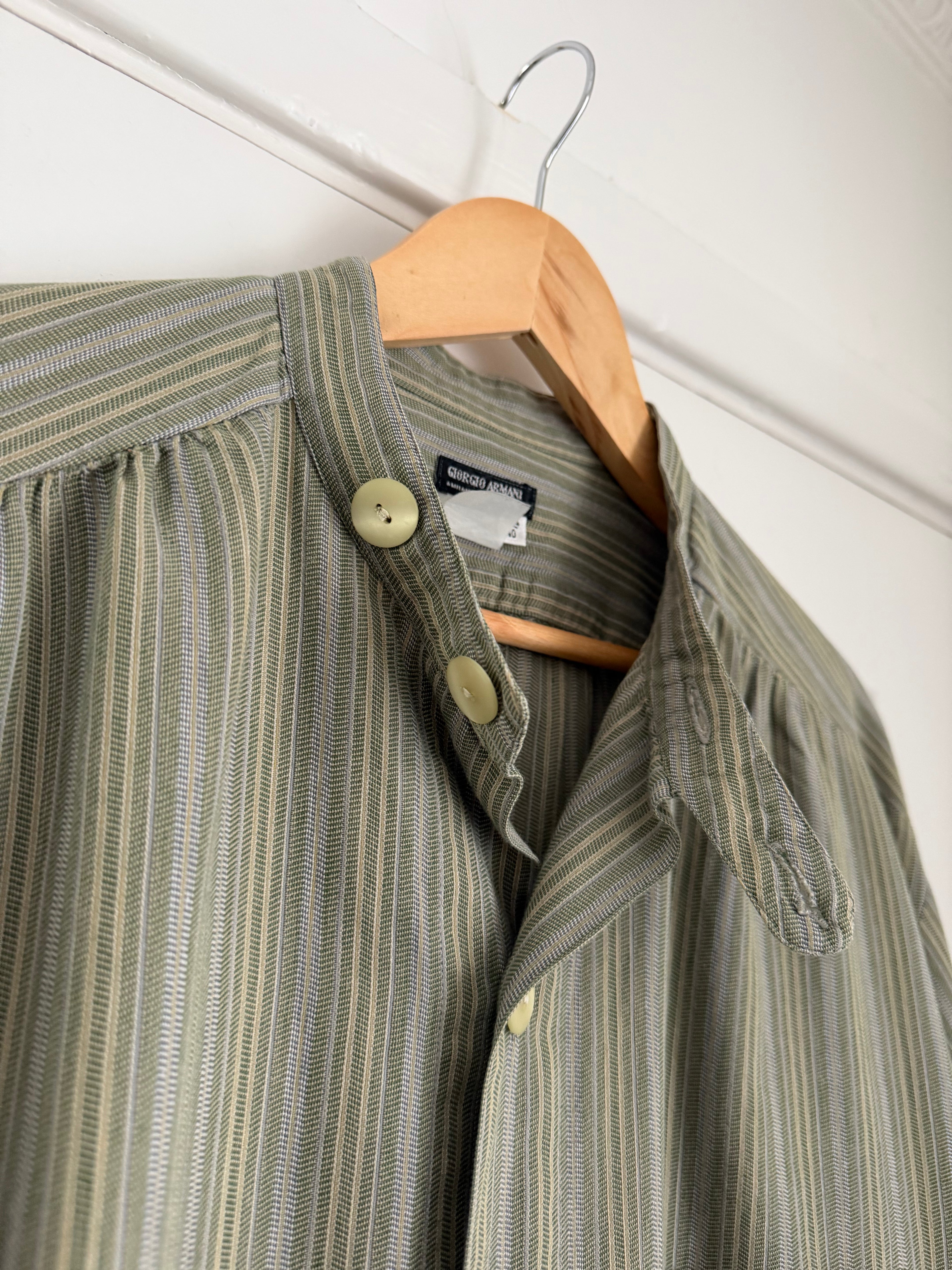 Giorgio Armani Black Label 1990s Nehru Collar Textured Pleat Stitch Shirt - Size XL