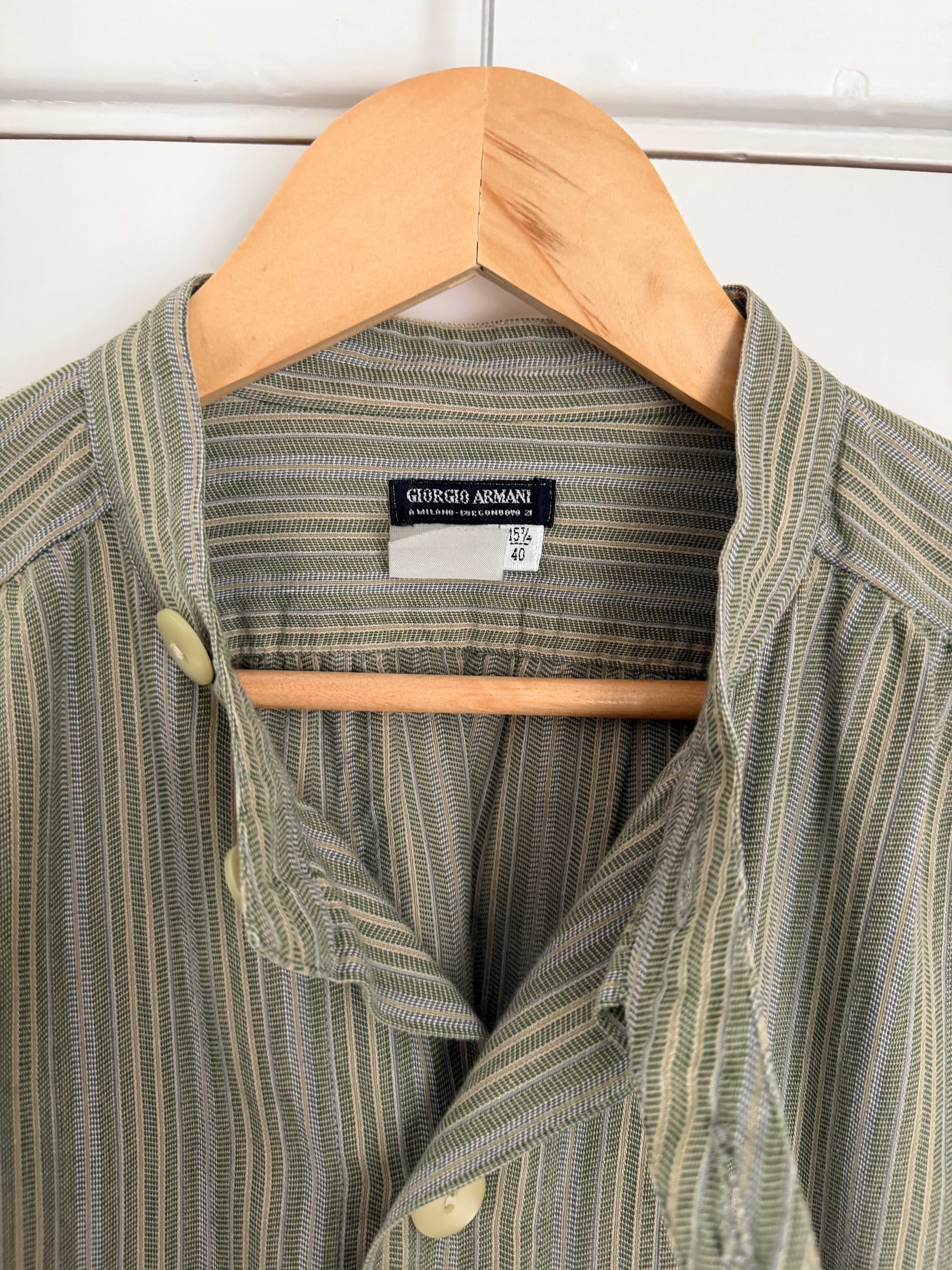 Giorgio Armani Black Label 1990s Nehru Collar Textured Pleat Stitch Shirt - Size XL