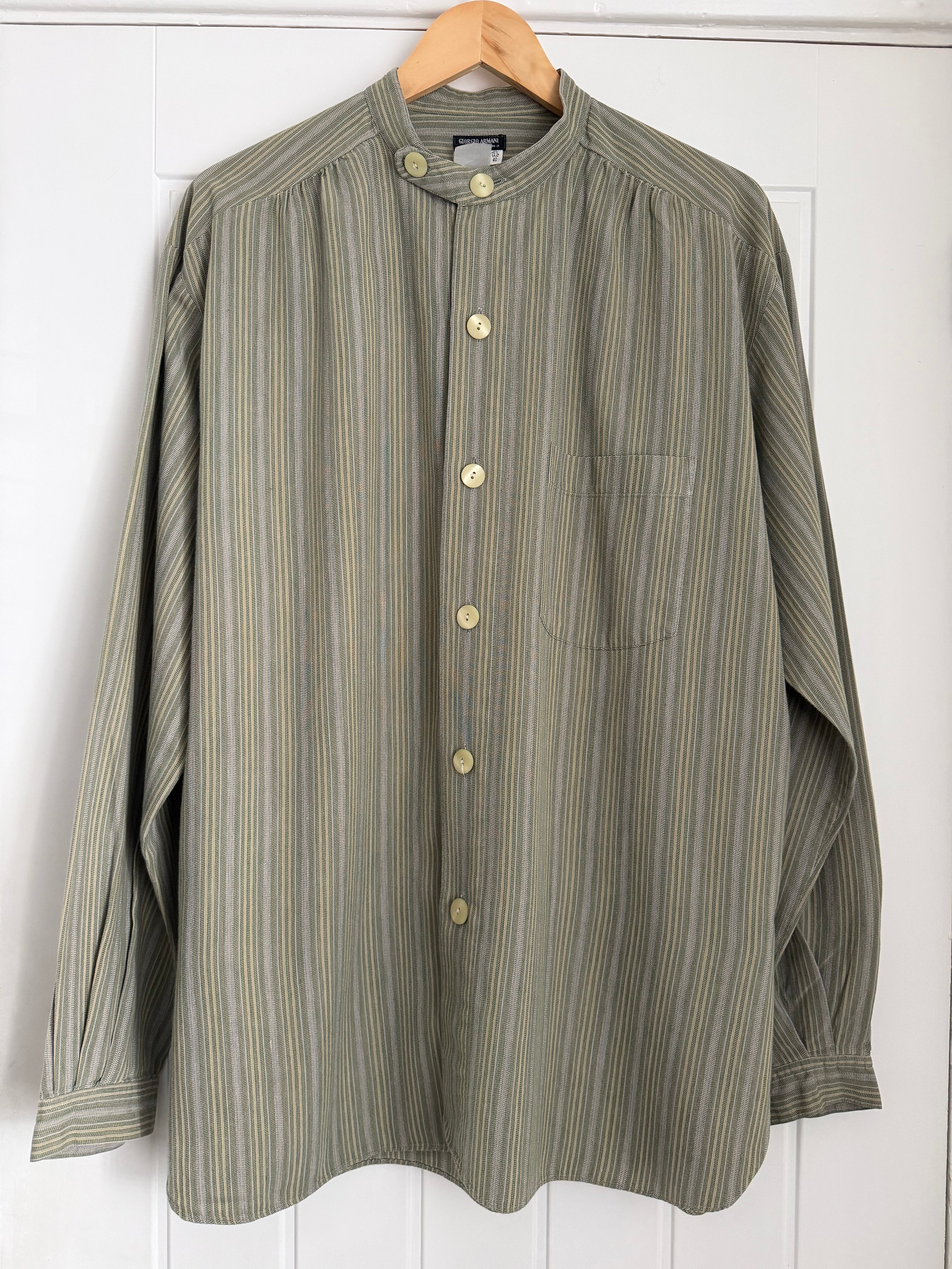 Giorgio Armani Black Label 1990s Nehru Collar Textured Pleat Stitch Shirt - Size XL