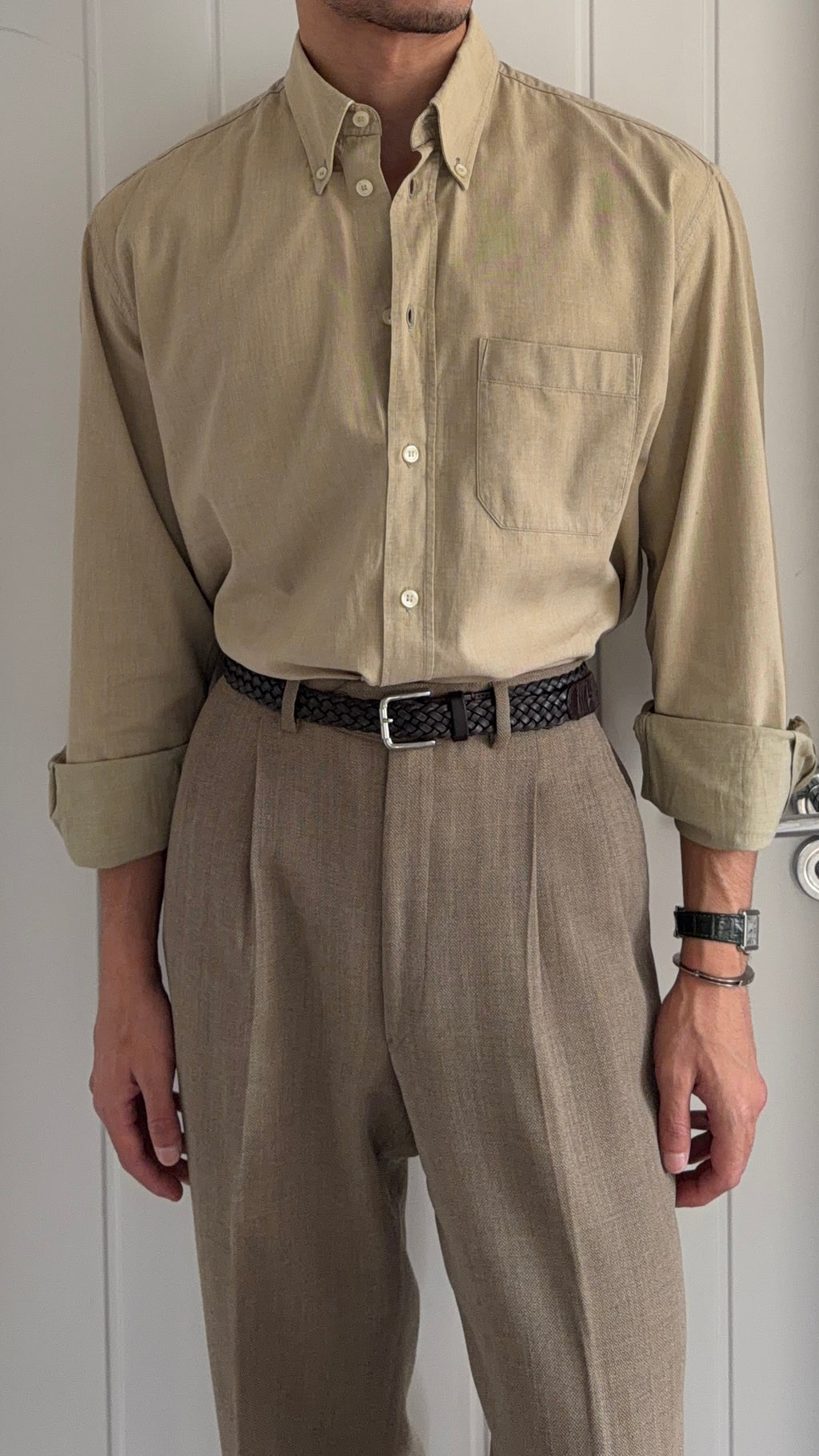 Valentino 1980s Slub Cotton Shirt Taupe Beige - Size L