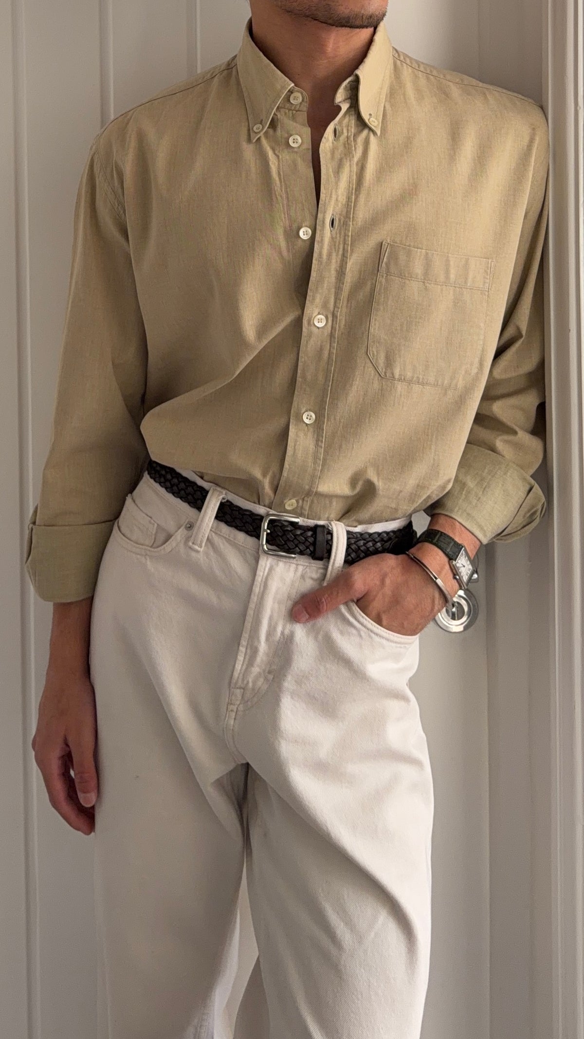 Valentino 1980s Slub Cotton Shirt Taupe Beige - Size L