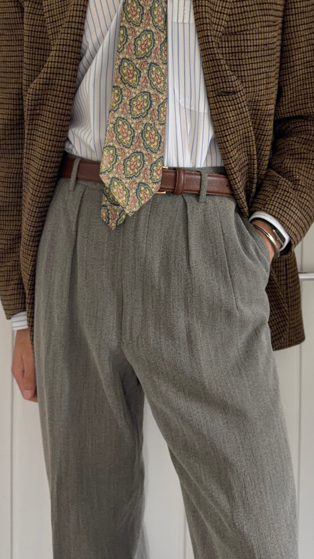 Emporio Armani 1990s Pleated Draped Textured Wool Viscoe Pants Grey - Size 28" Waist