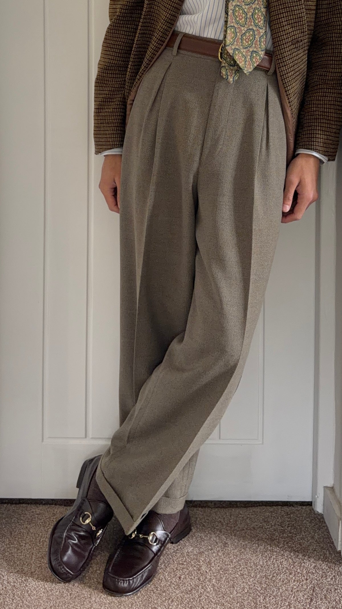 Emporio Armani 1990s Triple Pleat Draped Textured Wool Nylon Pants Taupe Green - Size 32" Waist