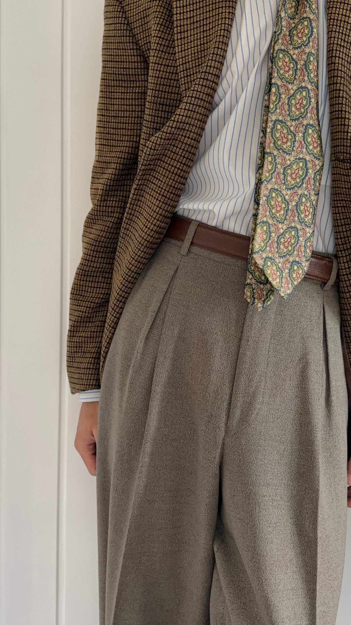 Emporio Armani 1990s Triple Pleat Draped Textured Wool Nylon Pants Taupe Green - Size 32" Waist