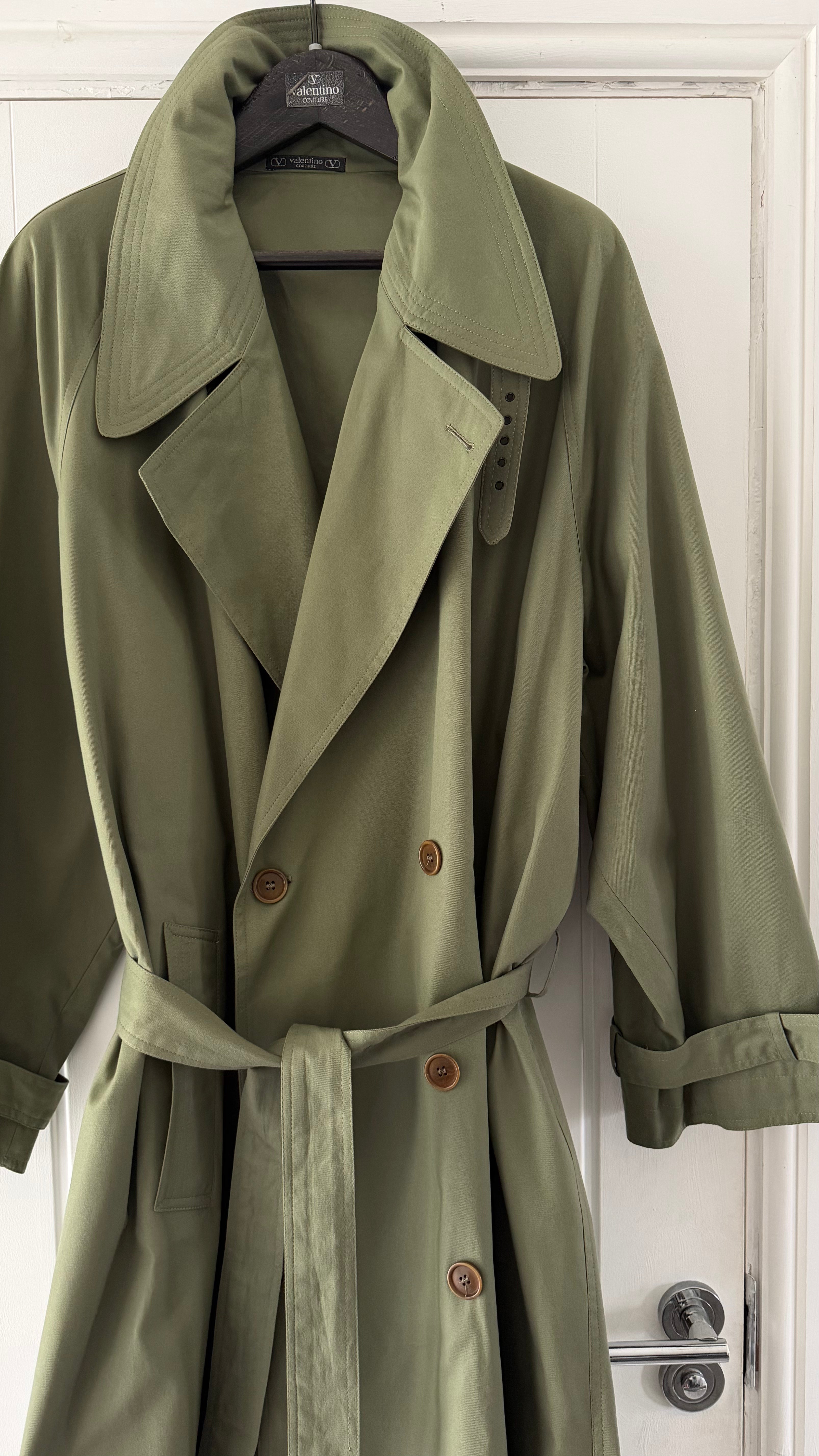 Valentino Couture 1980s Belted Cotton Trench Coat Olive Green - Size XL