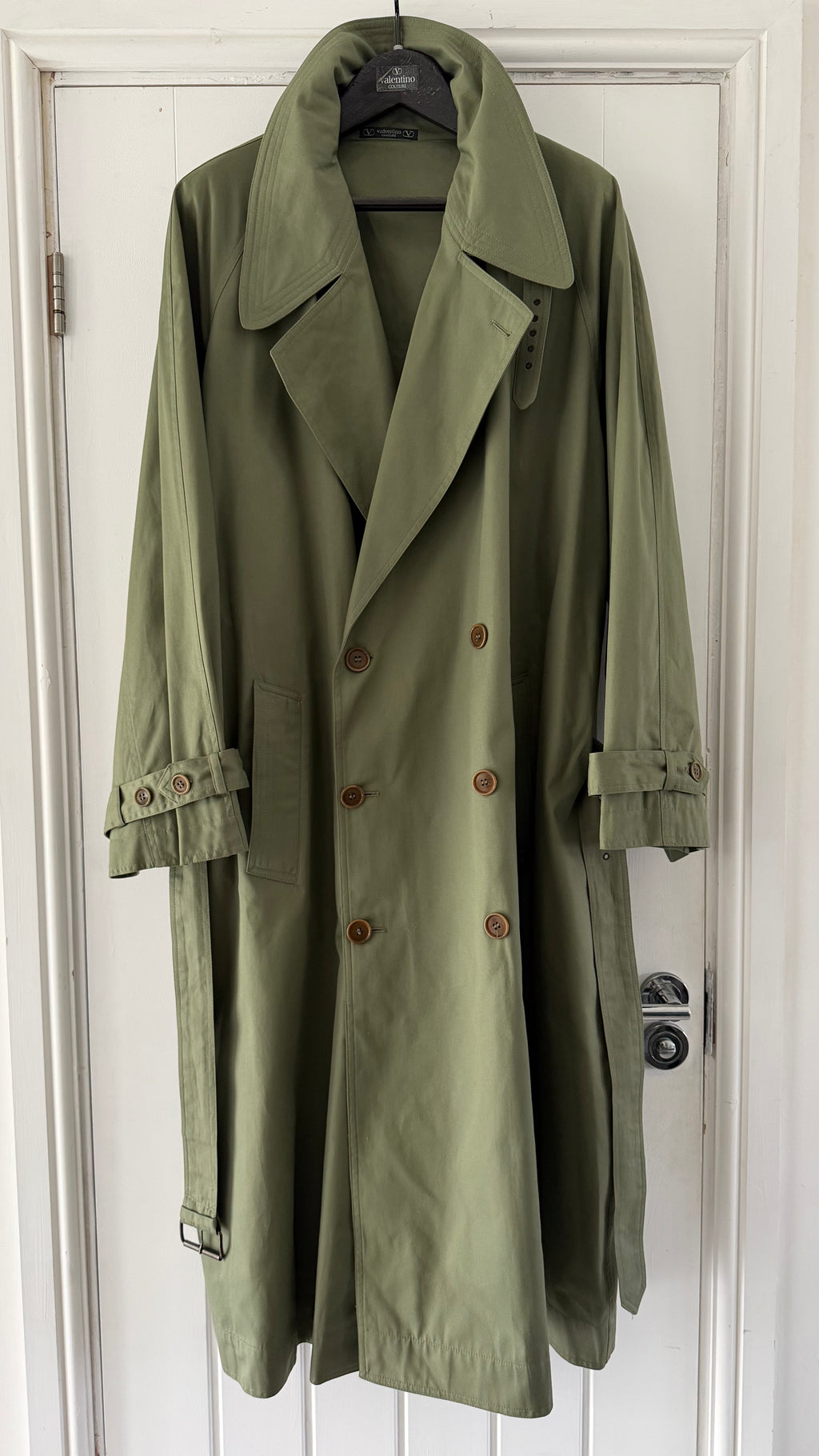 Valentino Couture 1980s Belted Cotton Trench Coat Olive Green - Size XL