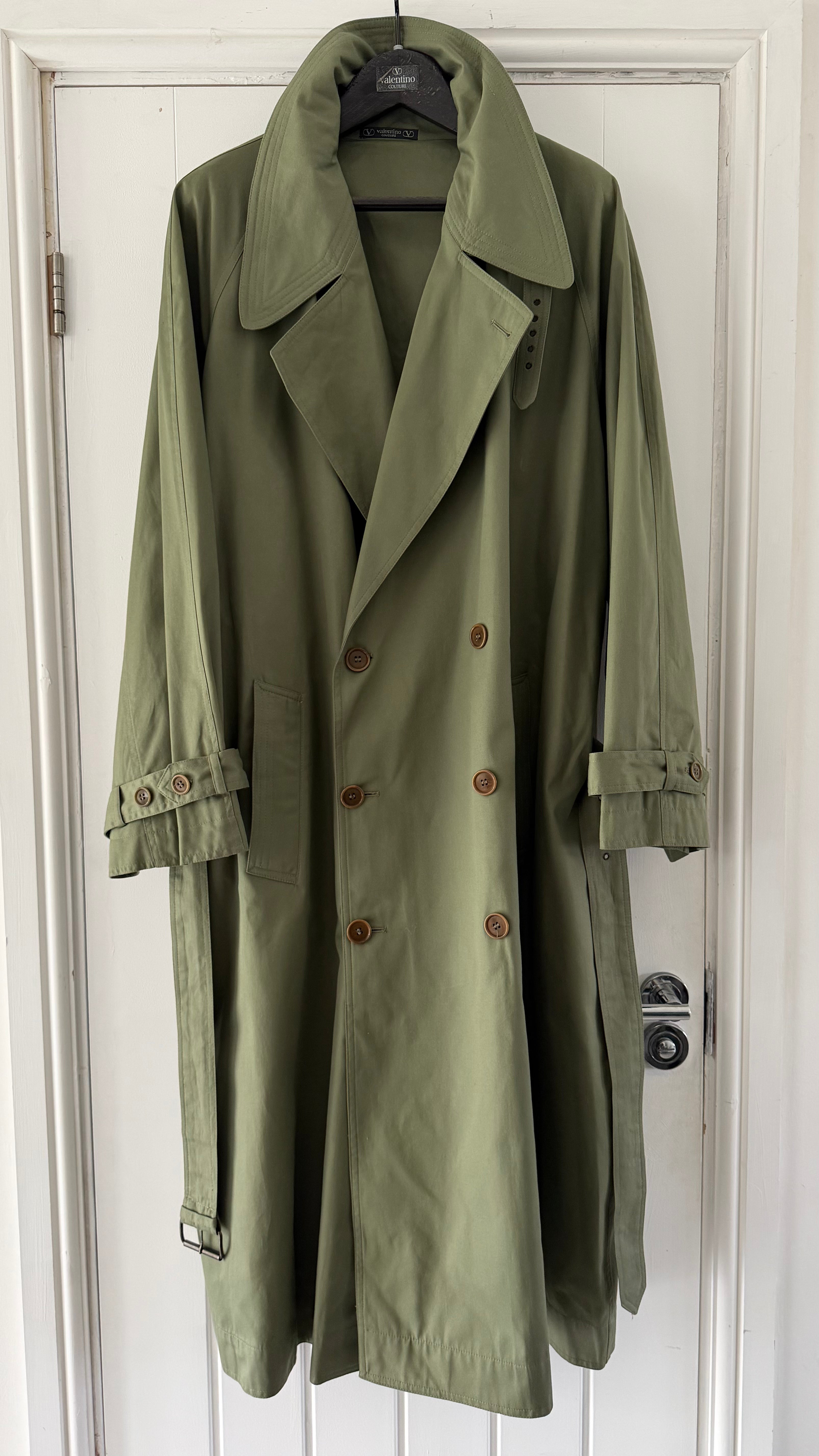 Valentino Couture 1980s Belted Cotton Trench Coat Olive Green - Size XL