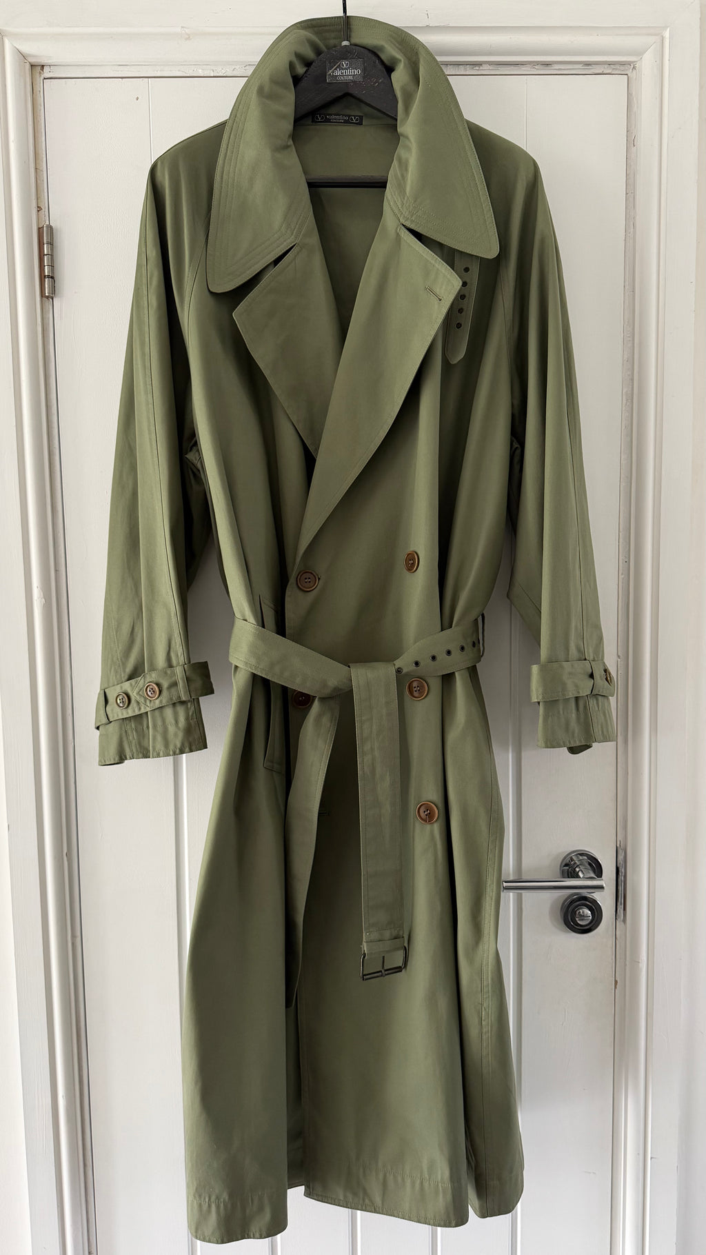 Valentino Couture 1980s Belted Cotton Trench Coat Olive Green - Size XL
