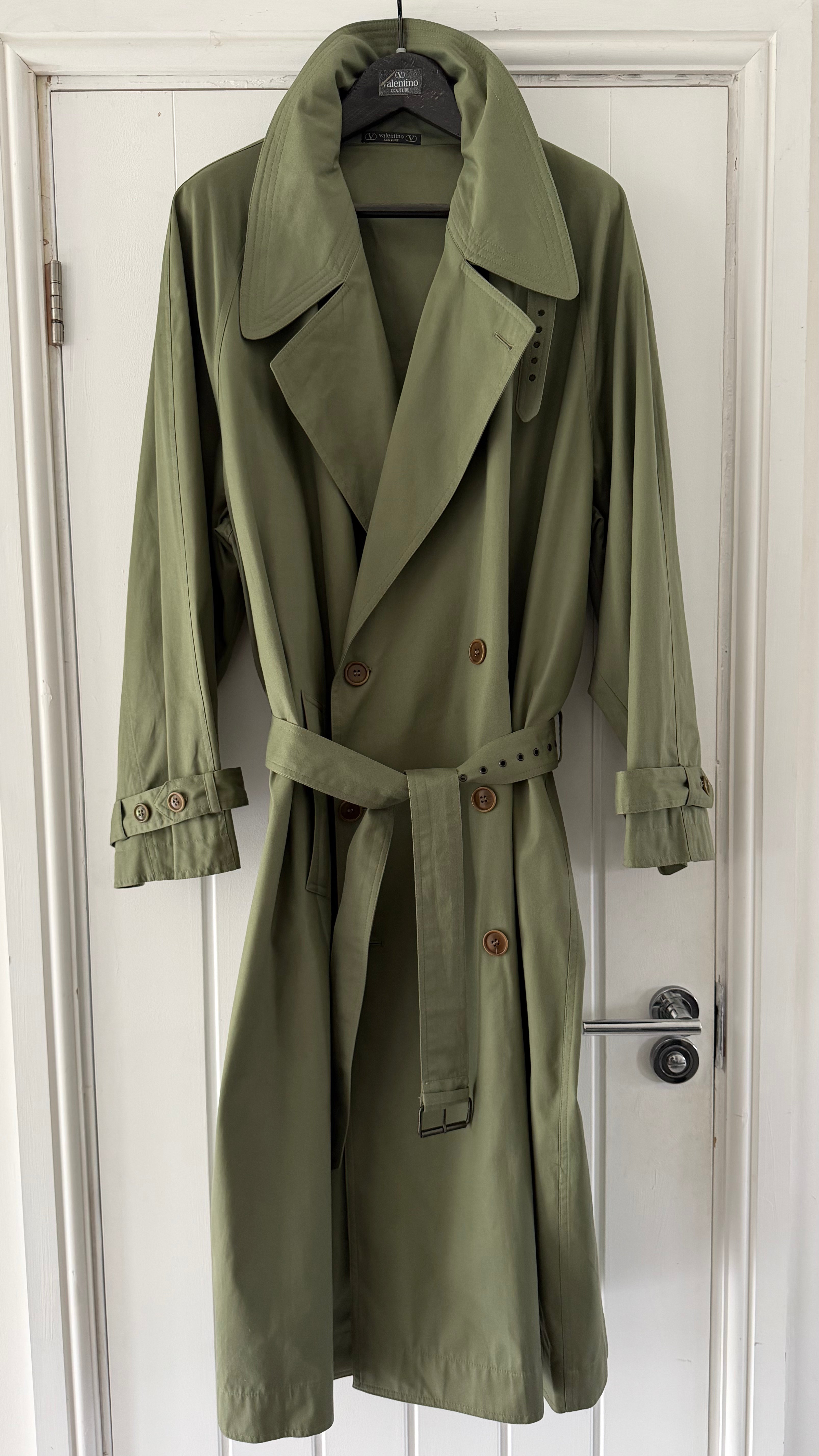 Valentino Couture 1980s Belted Cotton Trench Coat Olive Green - Size XL