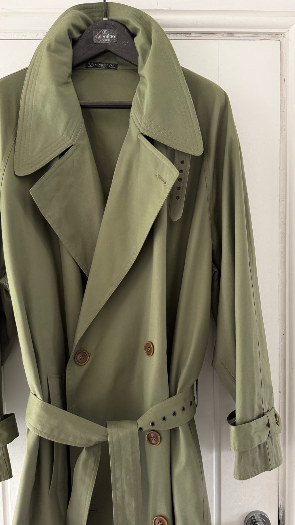 Valentino Couture 1980s Belted Cotton Trench Coat Olive Green - Size XL