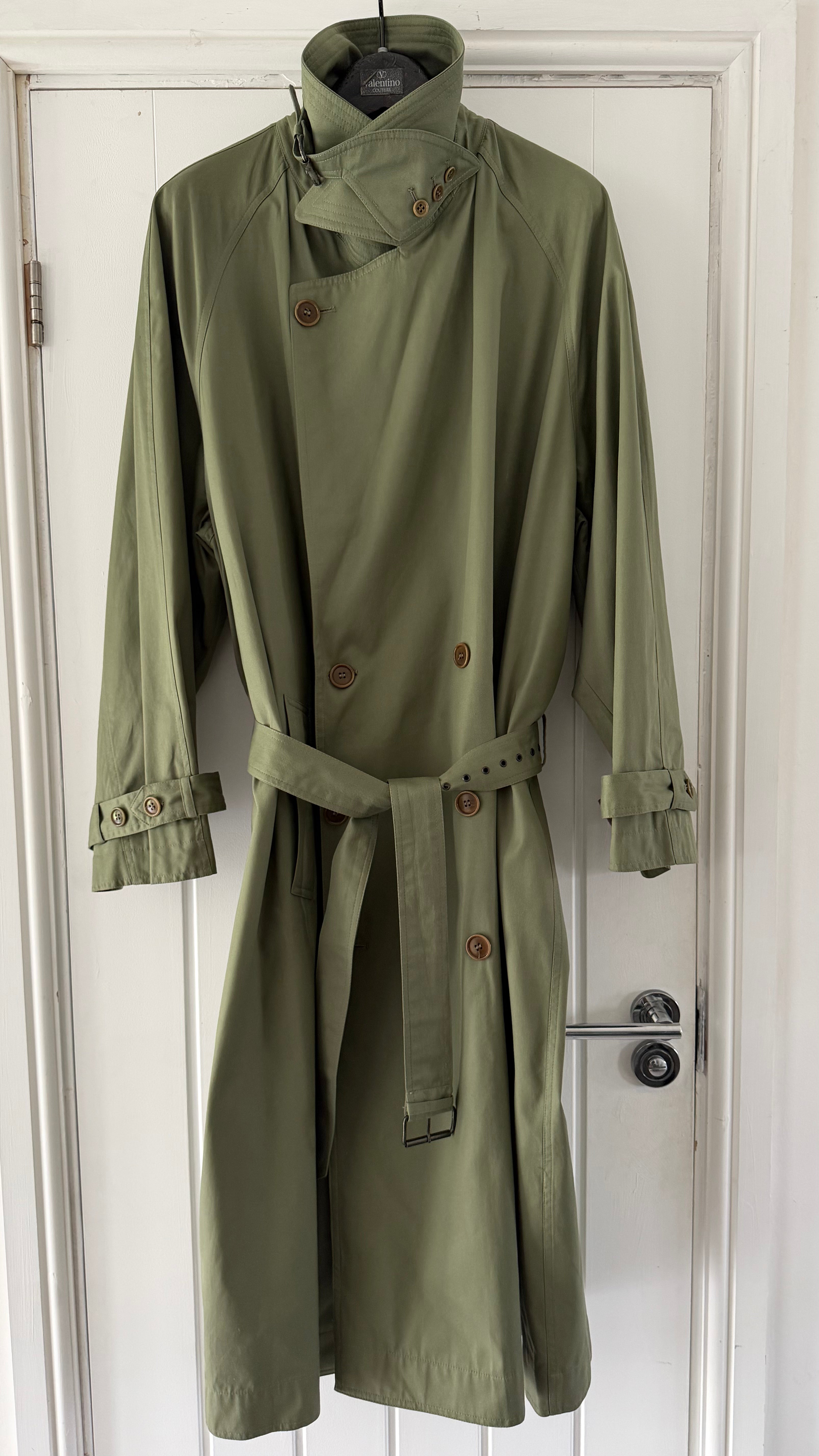 Valentino Couture 1980s Belted Cotton Trench Coat Olive Green - Size XL