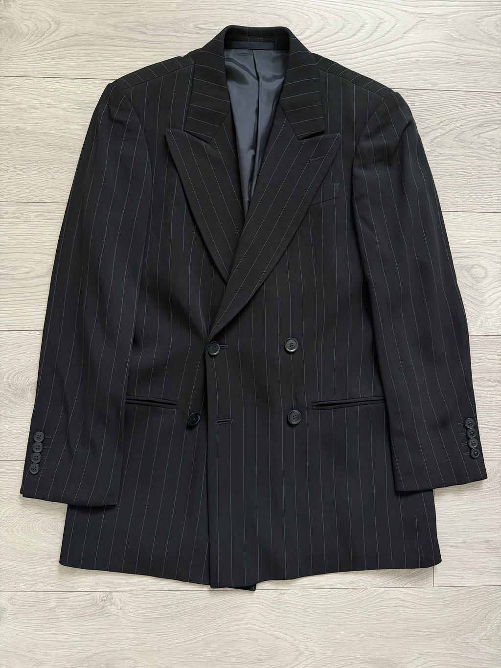 Armani 1990s Peaked Lapel Double Breasted Pinstriped Wool Blend Sport Jacket Blazer - Size S