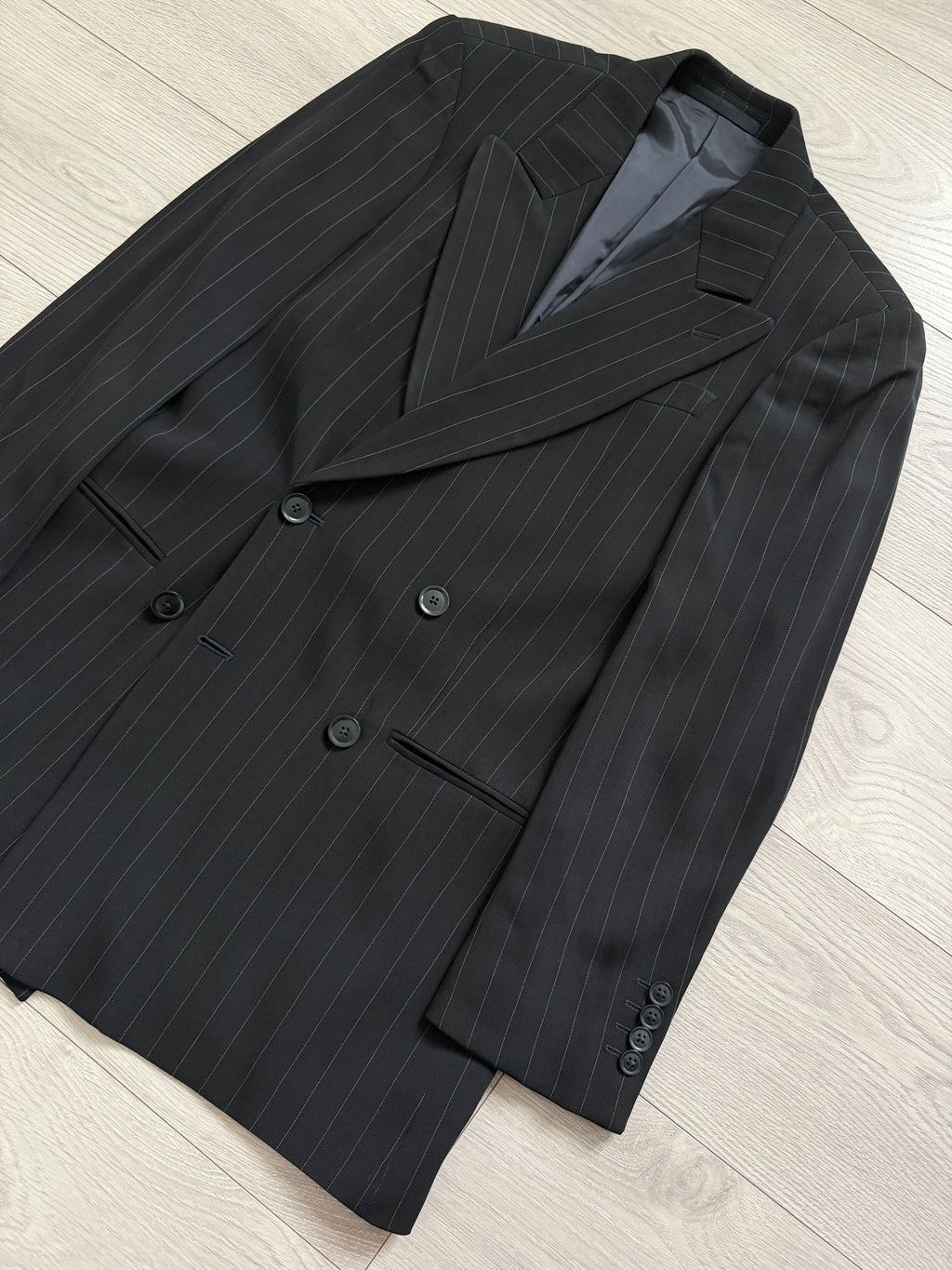 Armani 1990s Peaked Lapel Double Breasted Pinstriped Wool Blend Sport Jacket Blazer - Size S