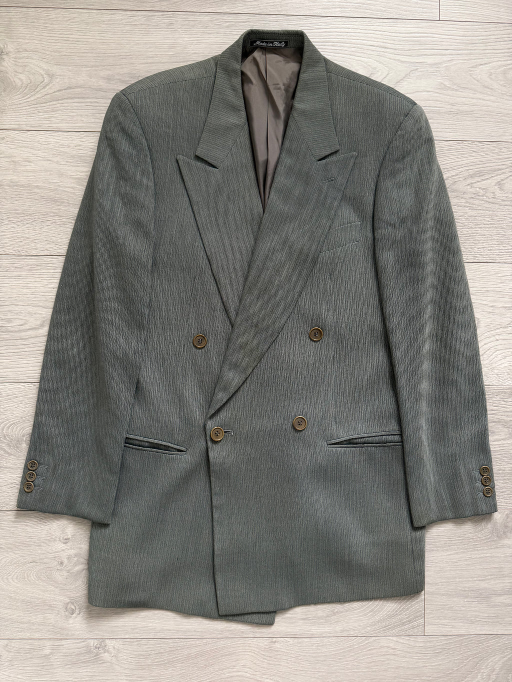 Giorgio Armani 1980s Peaked Lapel Double Breasted Herringbone Wool Sport Jacket Blazer Taupe Sage Green - Size S