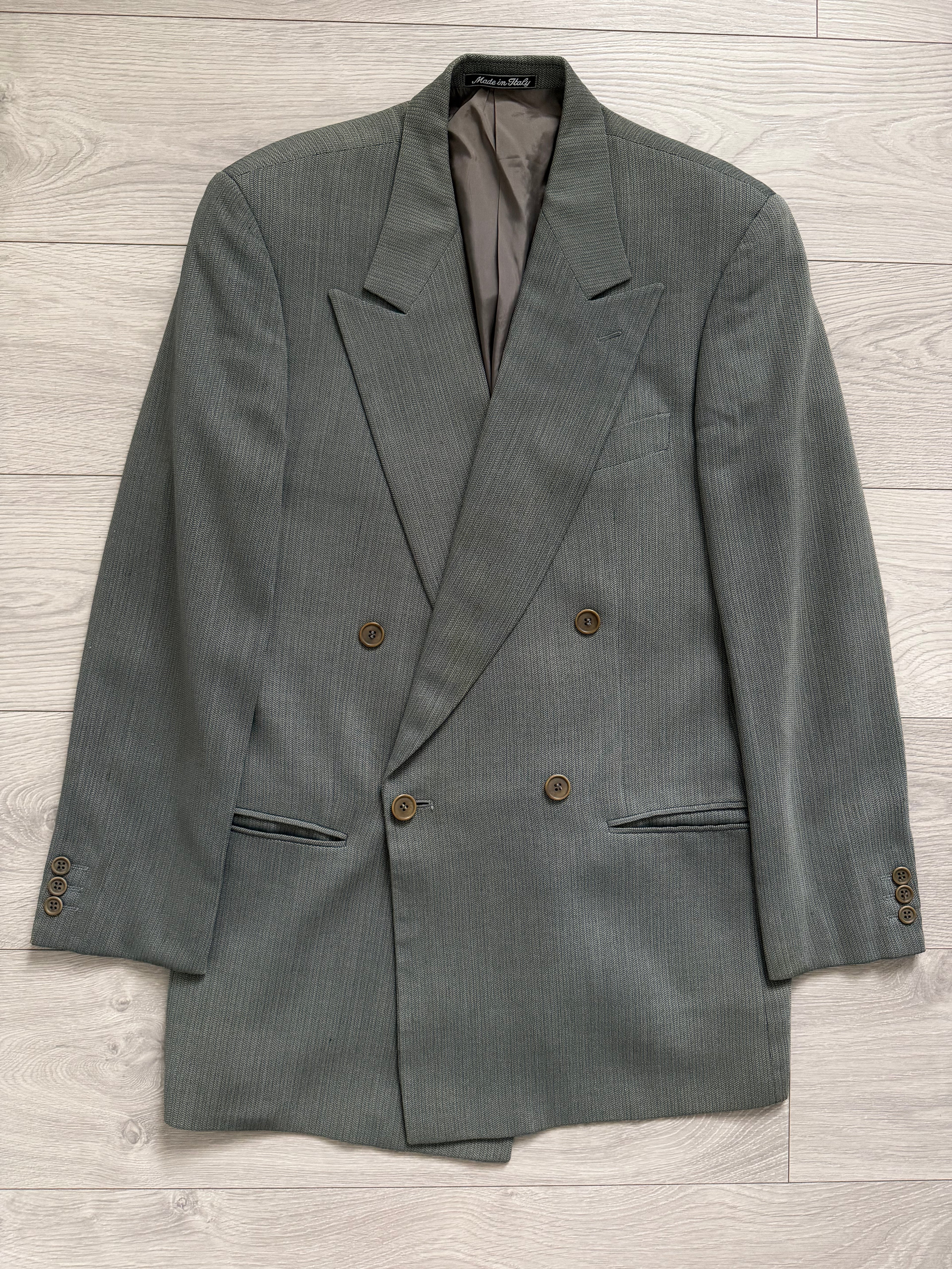 Giorgio Armani 1980s Peaked Lapel Double Breasted Herringbone Wool Sport Jacket Blazer Taupe Sage Green - Size S