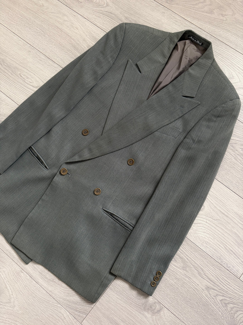 Giorgio Armani 1980s Peaked Lapel Double Breasted Herringbone Wool Sport Jacket Blazer Taupe Sage Green - Size S