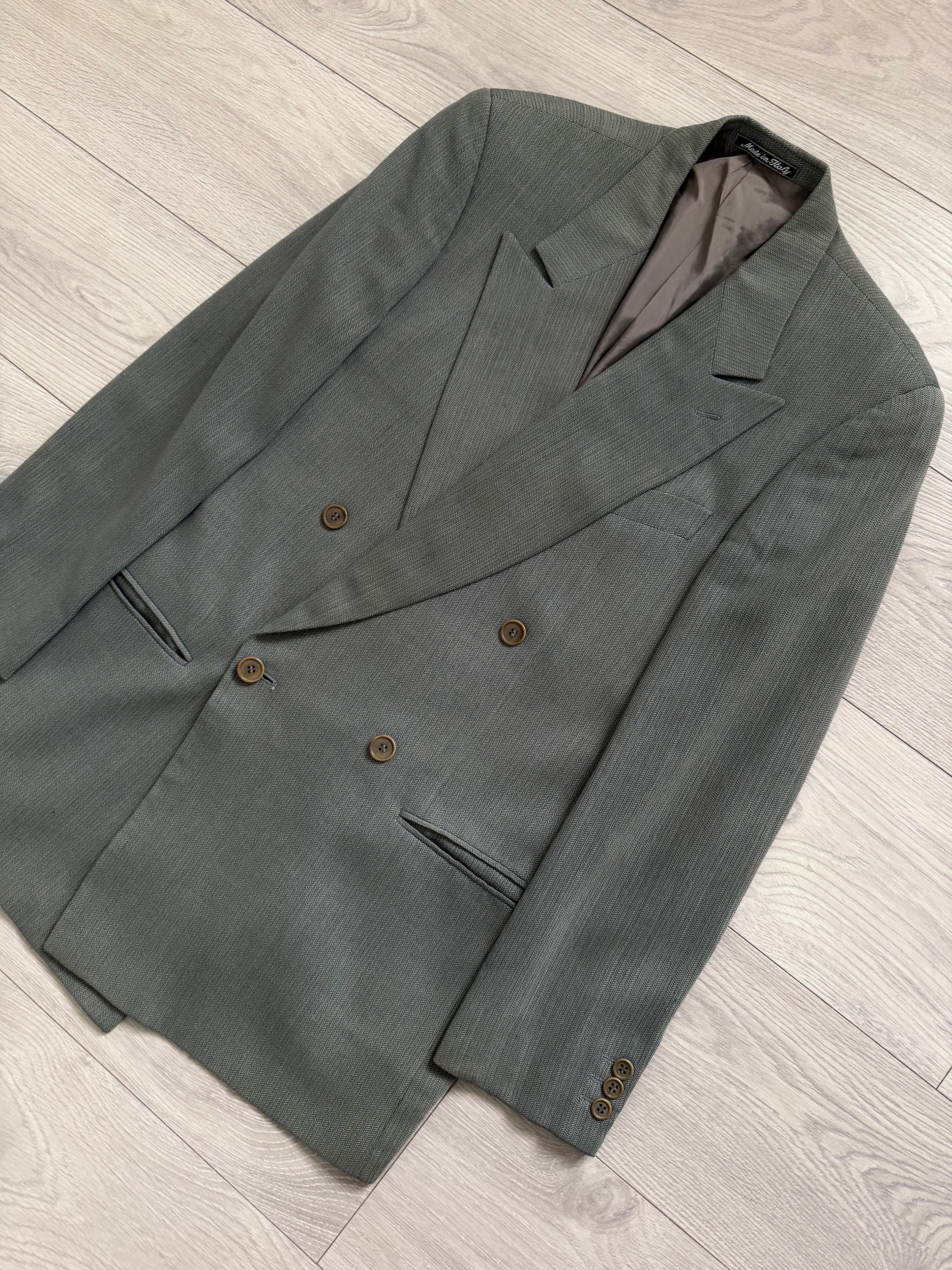 Giorgio Armani 1980s Peaked Lapel Double Breasted Herringbone Wool Sport Jacket Blazer Taupe Sage Green - Size S