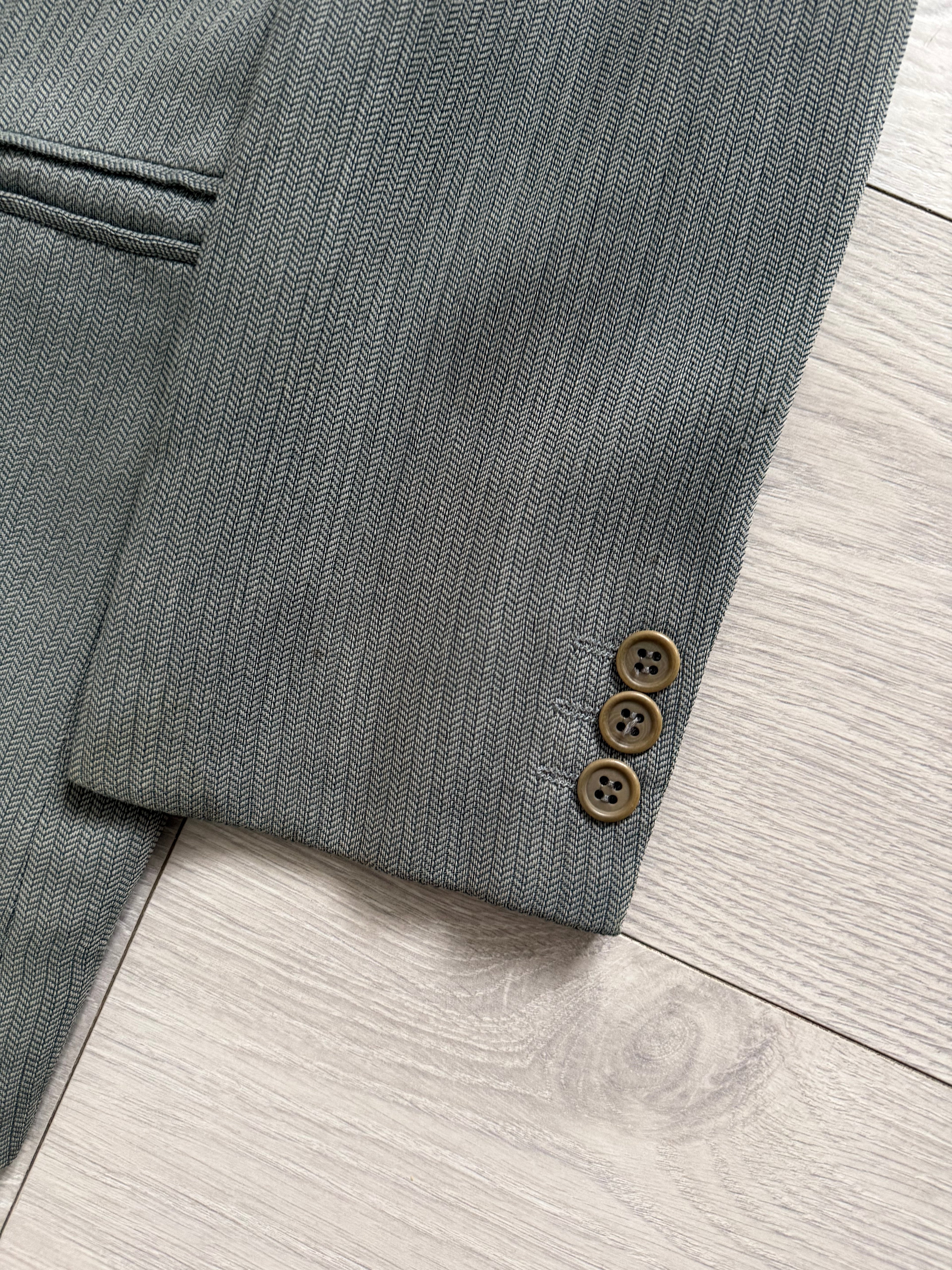 Giorgio Armani 1980s Peaked Lapel Double Breasted Herringbone Wool Sport Jacket Blazer Taupe Sage Green - Size S