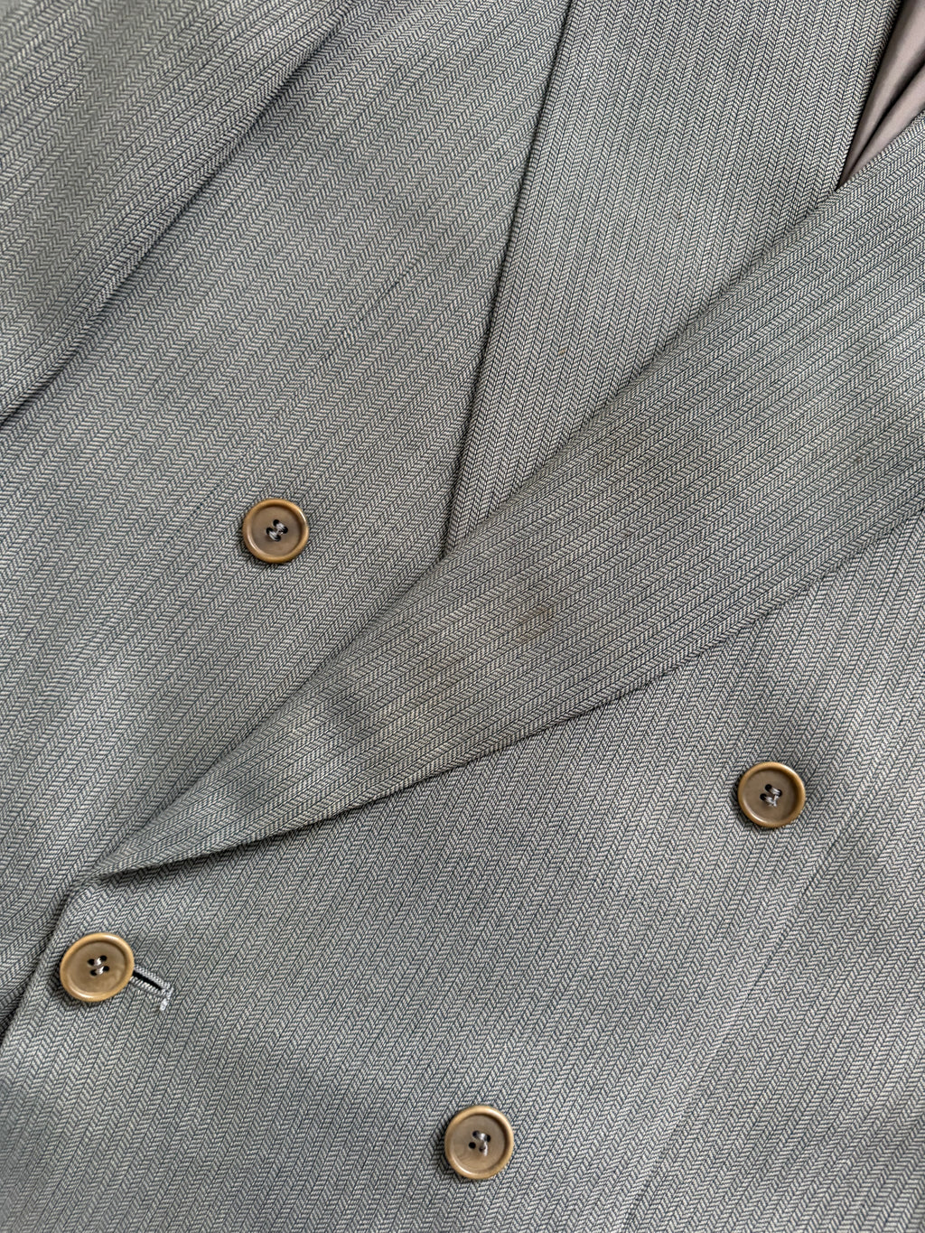 Giorgio Armani 1980s Peaked Lapel Double Breasted Herringbone Wool Sport Jacket Blazer Taupe Sage Green - Size S