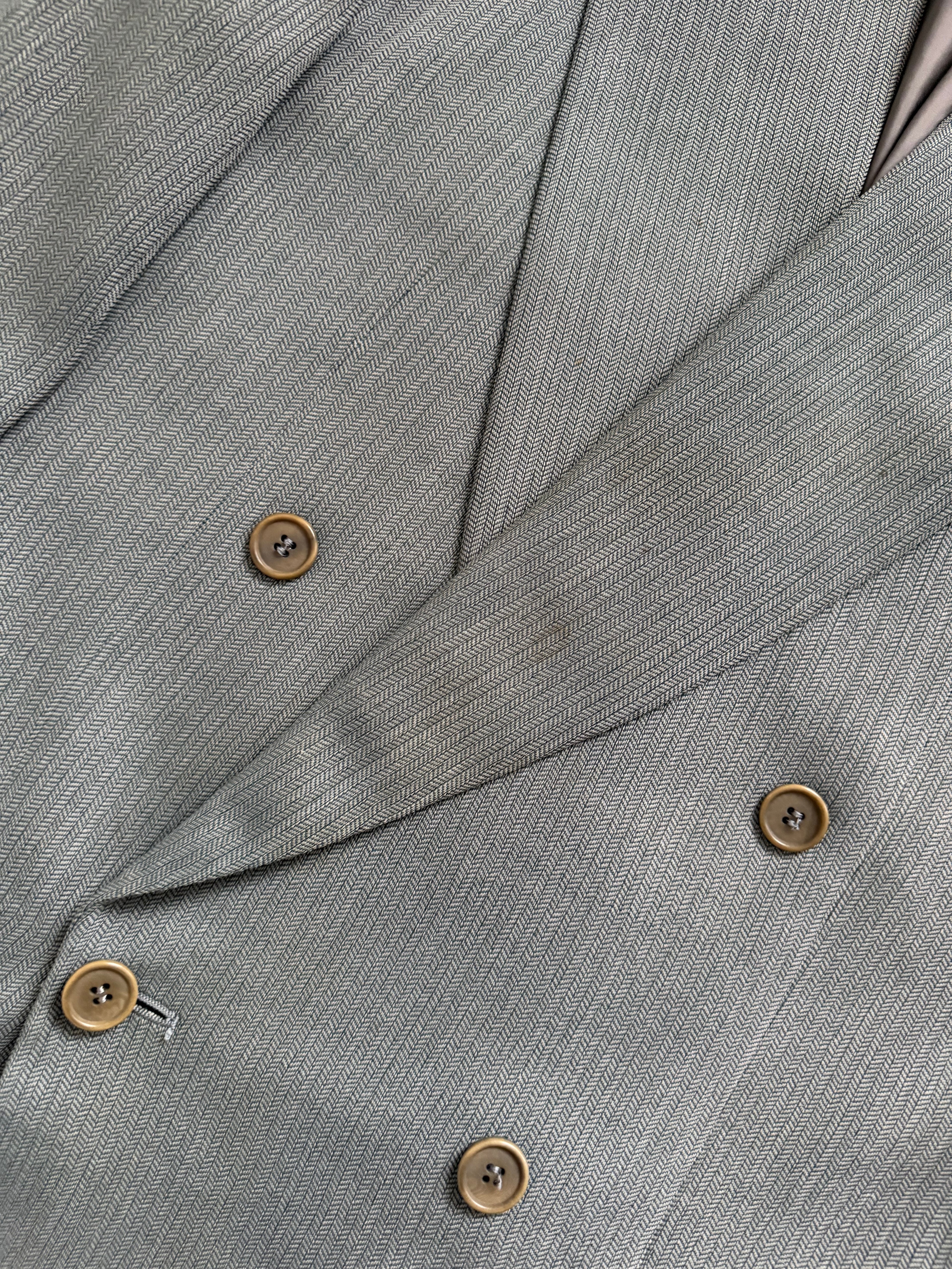 Giorgio Armani 1980s Peaked Lapel Double Breasted Herringbone Wool Sport Jacket Blazer Taupe Sage Green - Size S