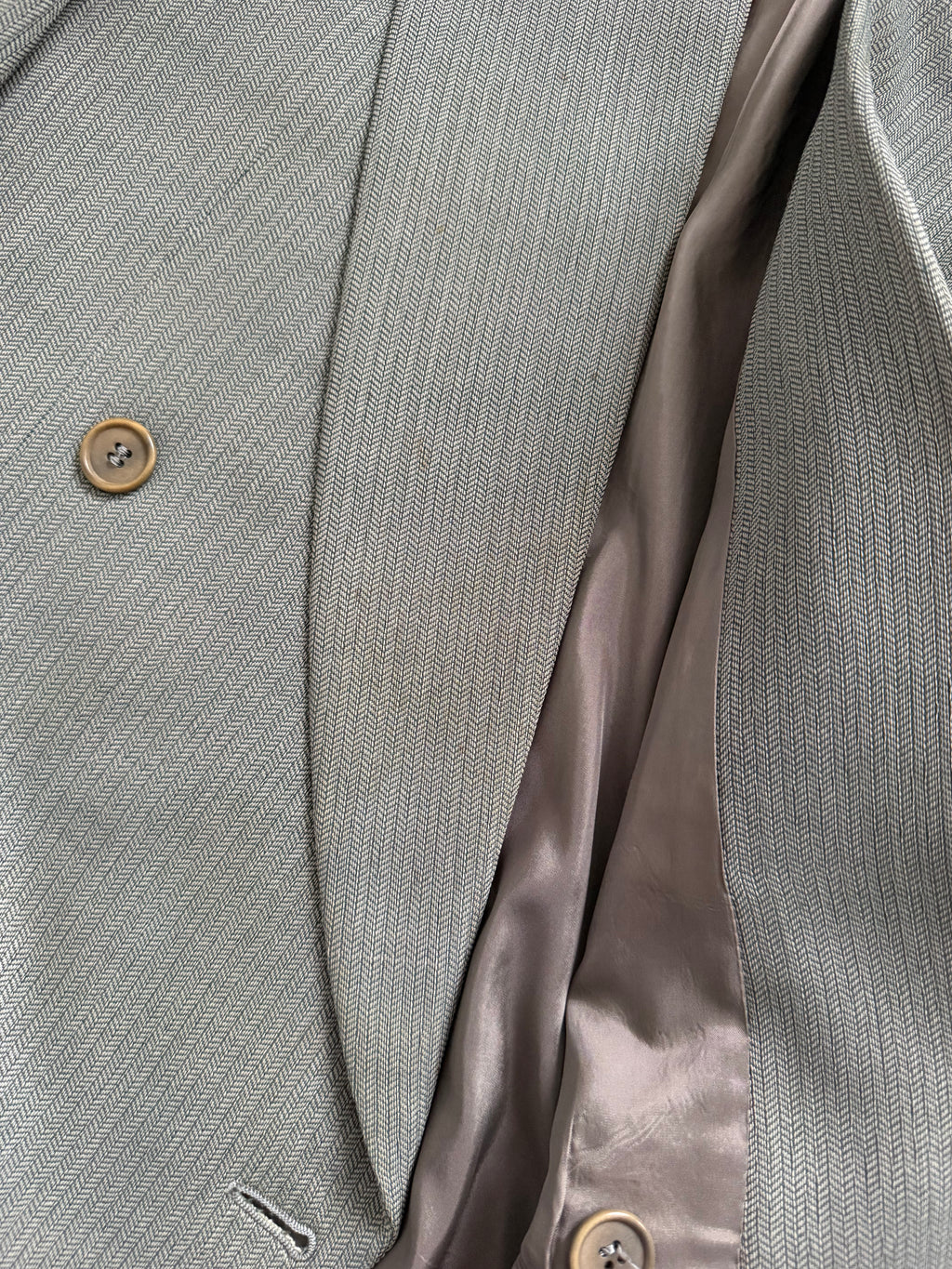 Giorgio Armani 1980s Peaked Lapel Double Breasted Herringbone Wool Sport Jacket Blazer Taupe Sage Green - Size S