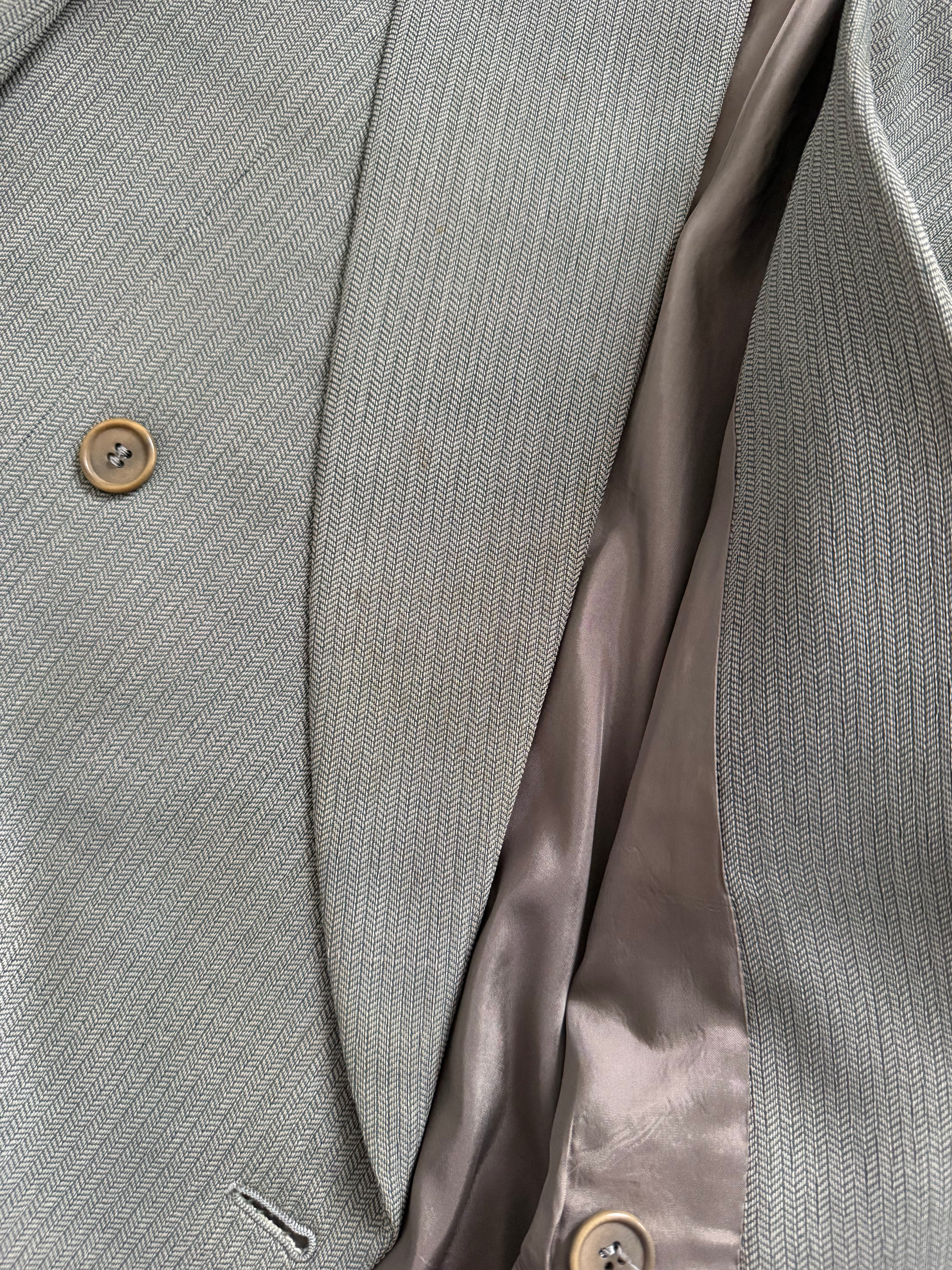 Giorgio Armani 1980s Peaked Lapel Double Breasted Herringbone Wool Sport Jacket Blazer Taupe Sage Green - Size S