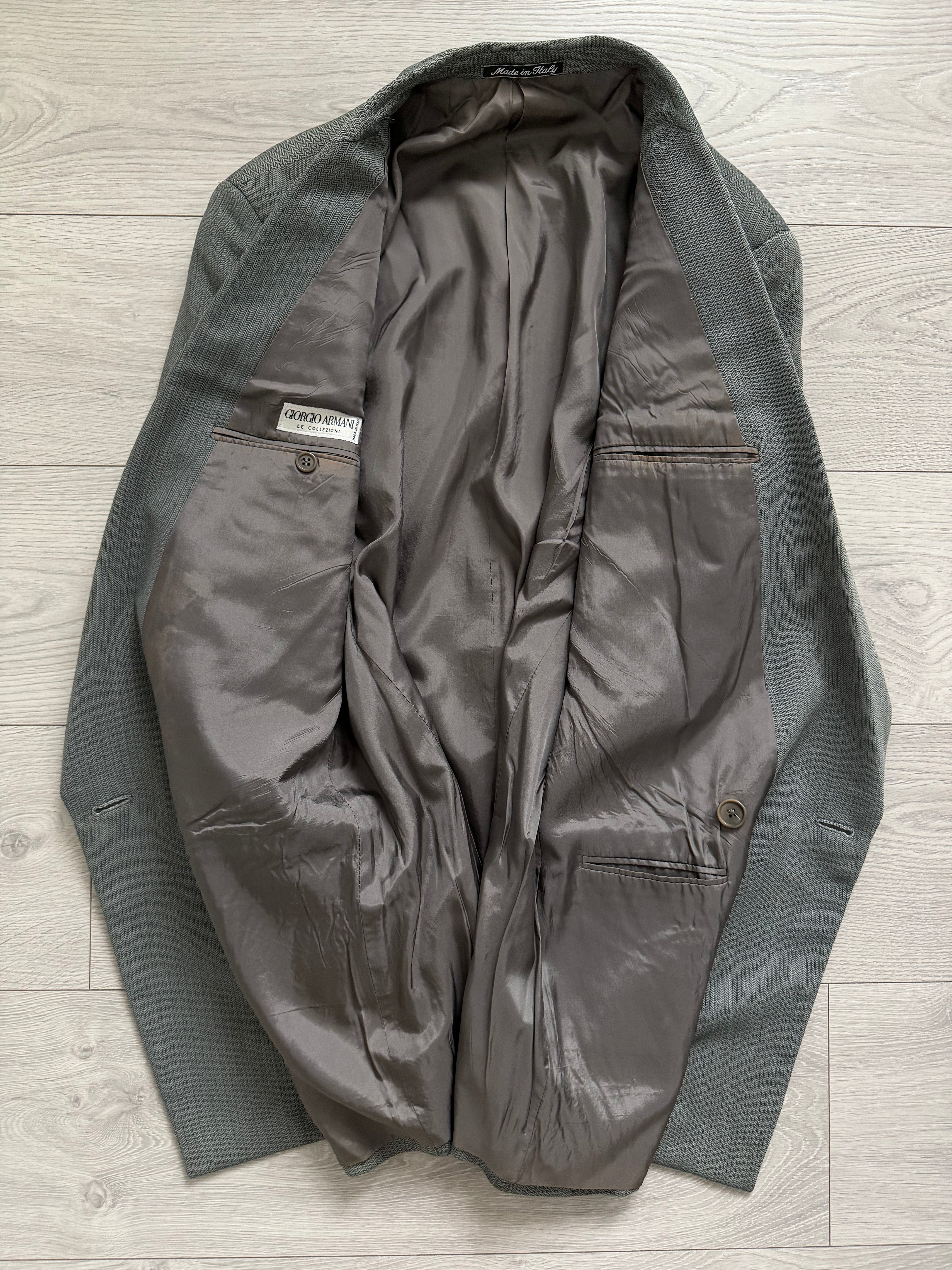 Giorgio Armani 1980s Peaked Lapel Double Breasted Herringbone Wool Sport Jacket Blazer Taupe Sage Green - Size S