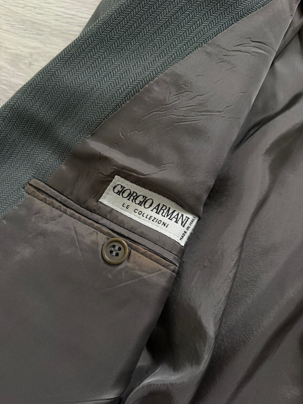 Giorgio Armani 1980s Peaked Lapel Double Breasted Herringbone Wool Sport Jacket Blazer Taupe Sage Green - Size S