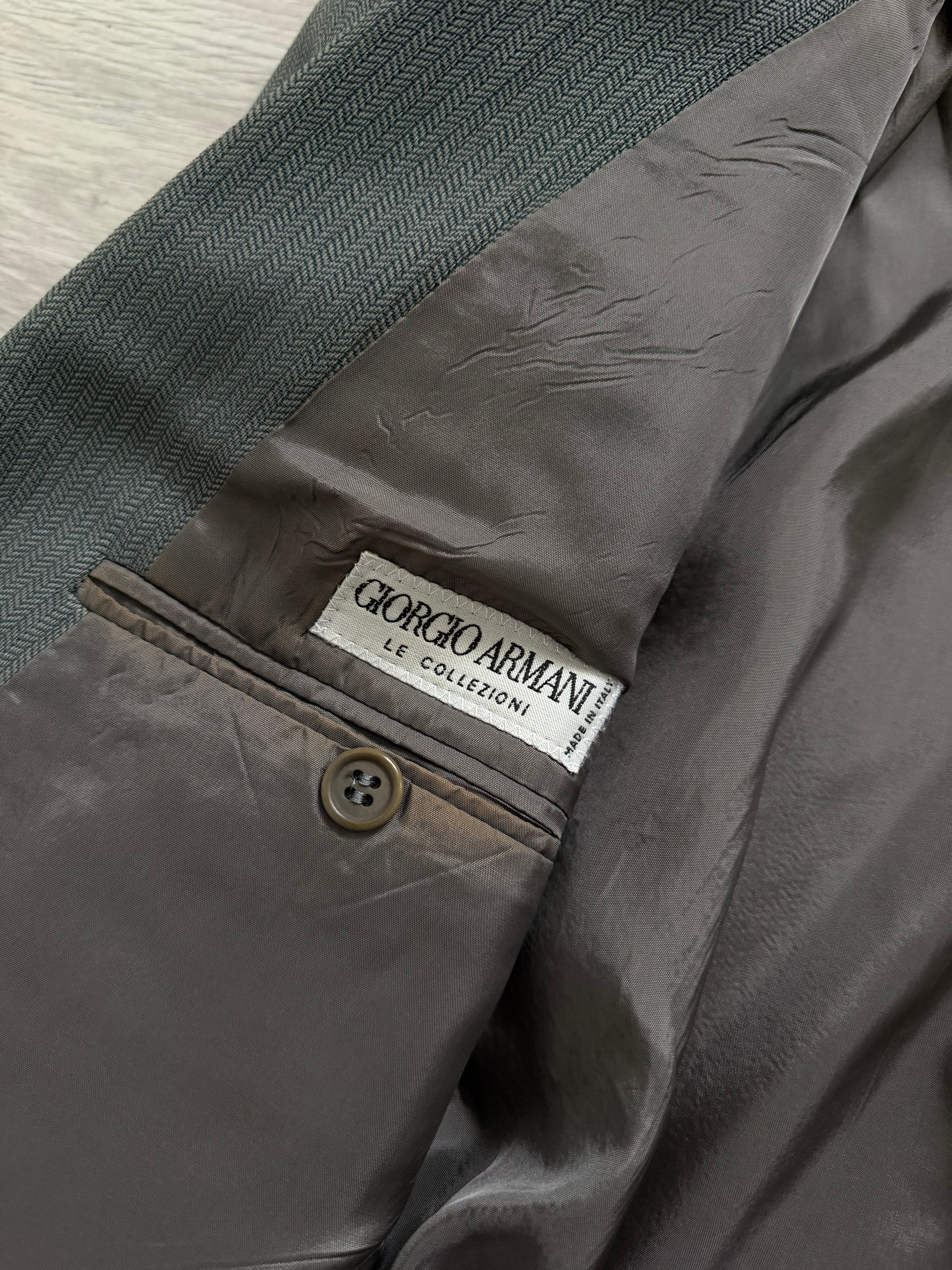 Giorgio Armani 1980s Peaked Lapel Double Breasted Herringbone Wool Sport Jacket Blazer Taupe Sage Green - Size S