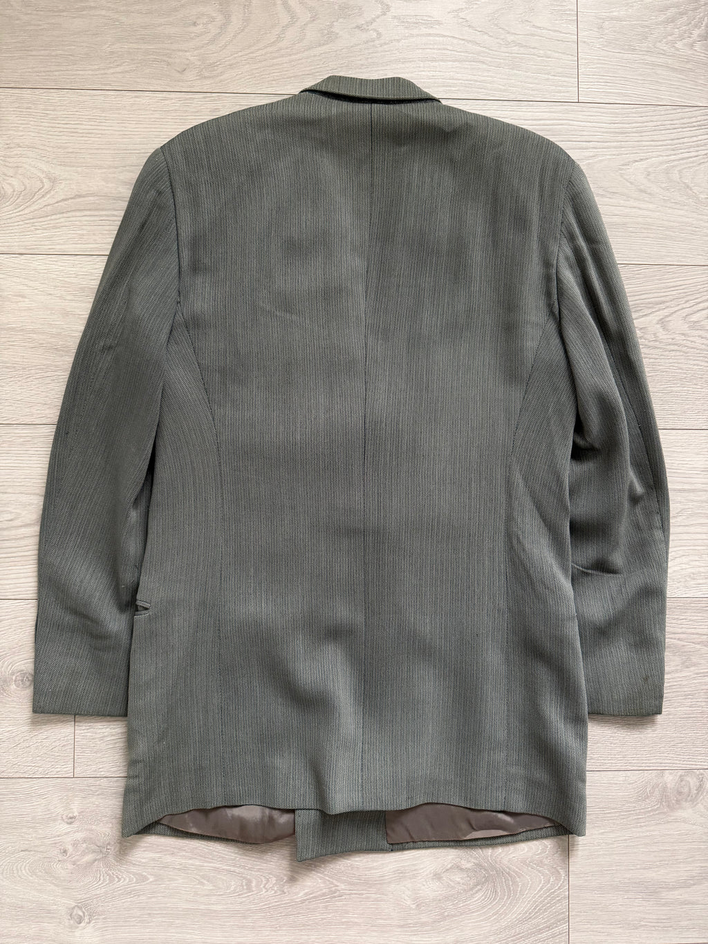 Giorgio Armani 1980s Peaked Lapel Double Breasted Herringbone Wool Sport Jacket Blazer Taupe Sage Green - Size S