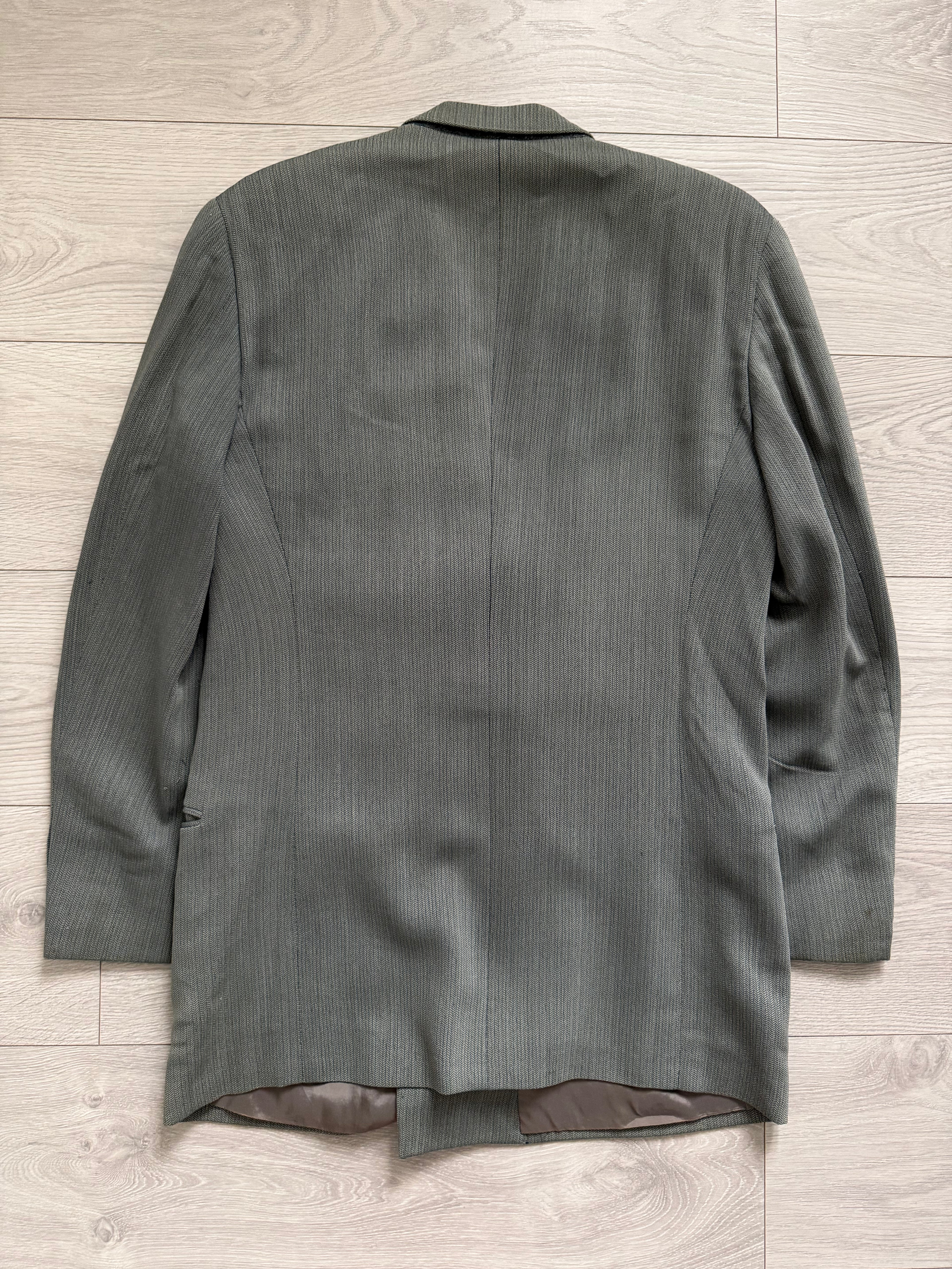 Giorgio Armani 1980s Peaked Lapel Double Breasted Herringbone Wool Sport Jacket Blazer Taupe Sage Green - Size S
