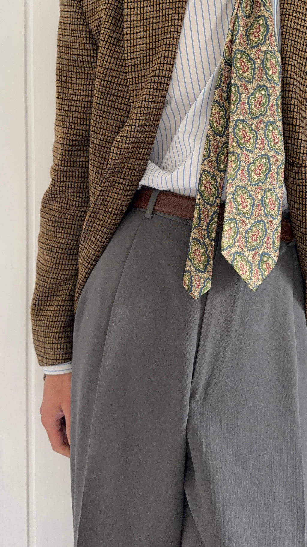 Armani 1990s Draped Wool Pleated Pants Taupe Sage - Size 39" Waist