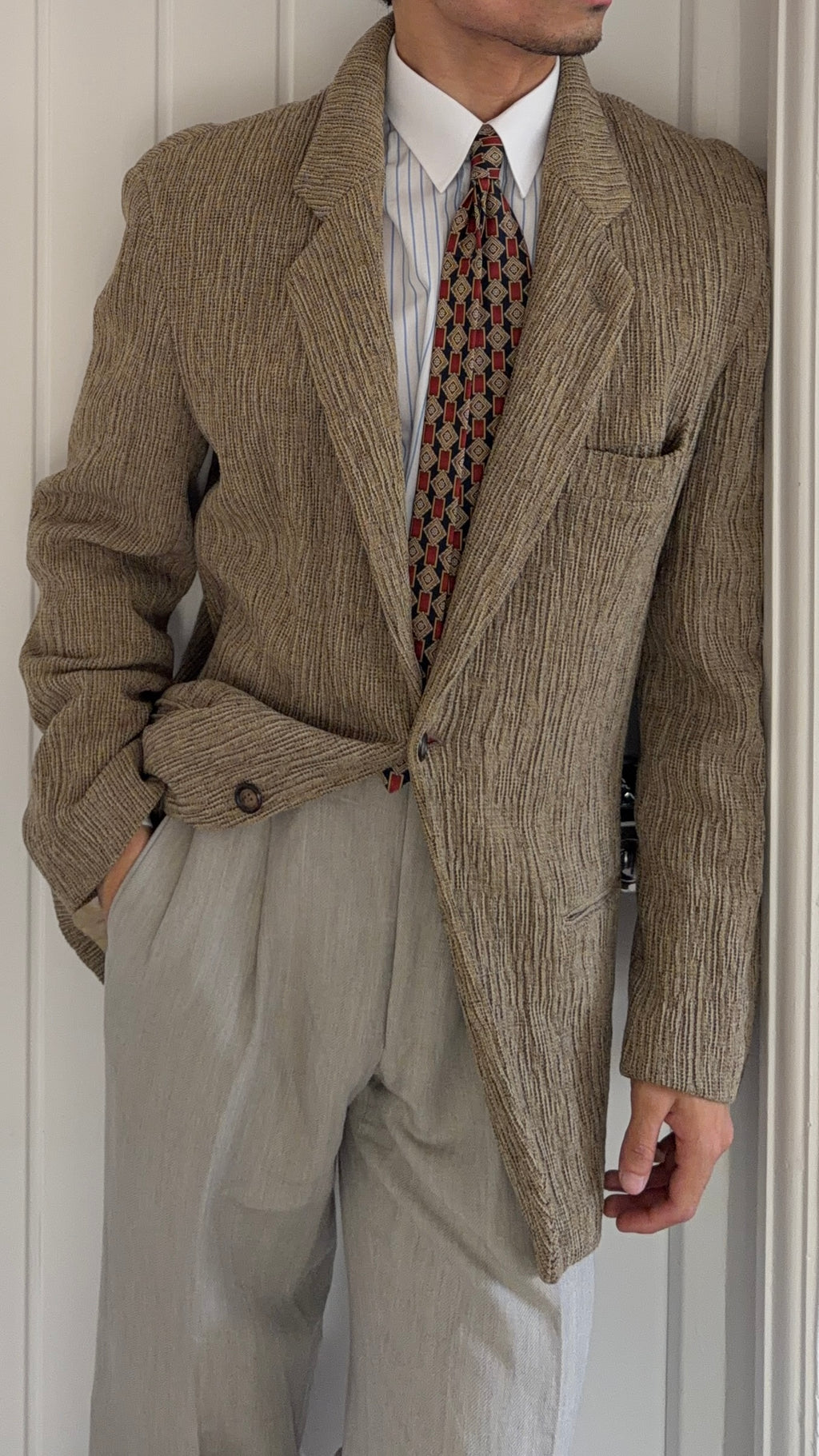 Emporio Armani 1990s 3D 'Tree Bark' Textured Wool Rayon Sports Jacket Blazer - Size M