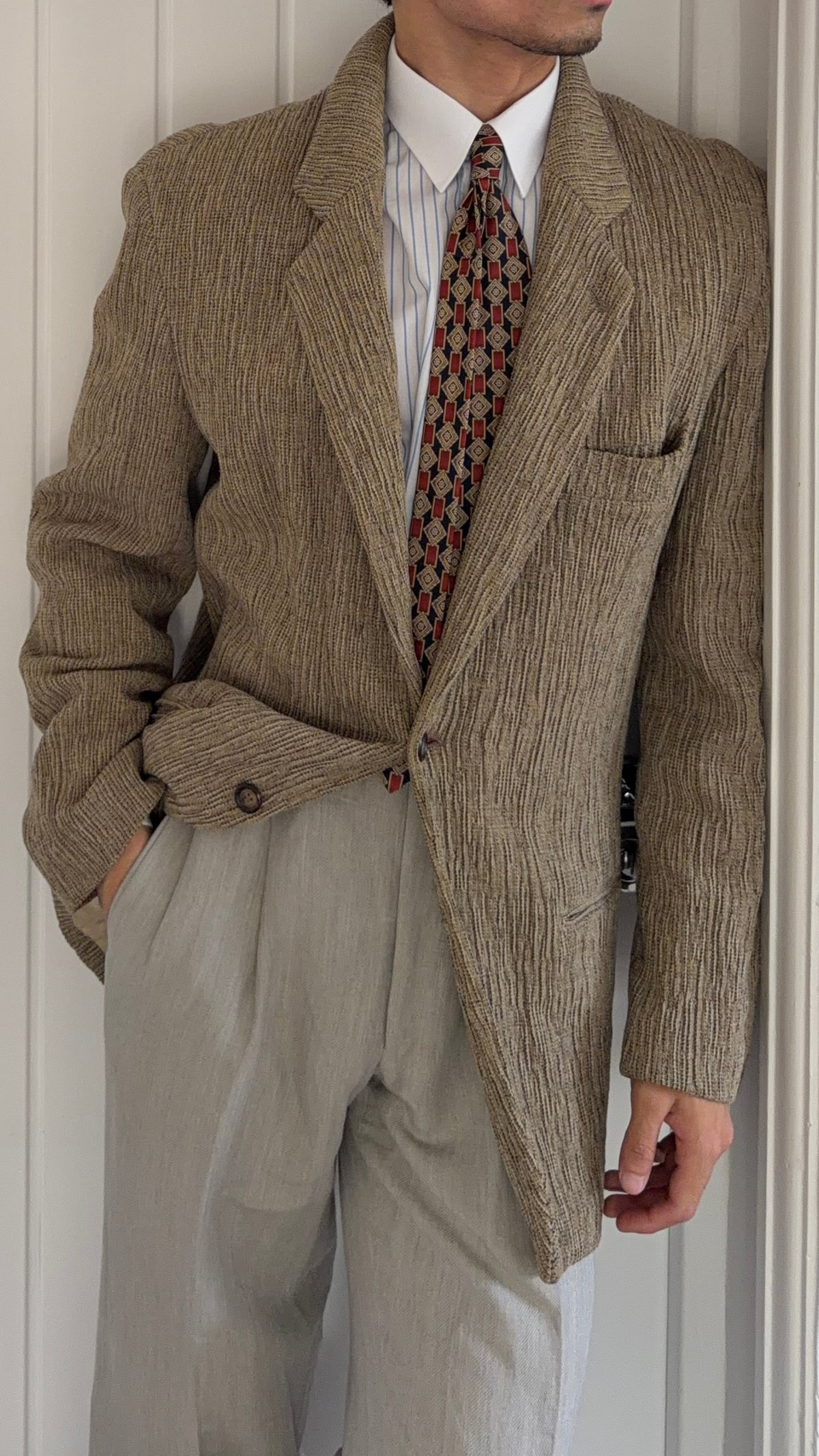 Emporio Armani 1990s 3D 'Tree Bark' Textured Wool Rayon Sports Jacket Blazer - Size L
