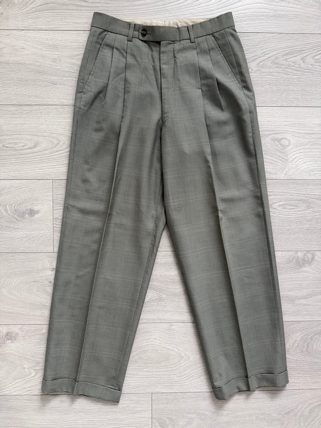 Renoma Paris 1980s Double Pleated Check Wool Pants - Size 30" Waist