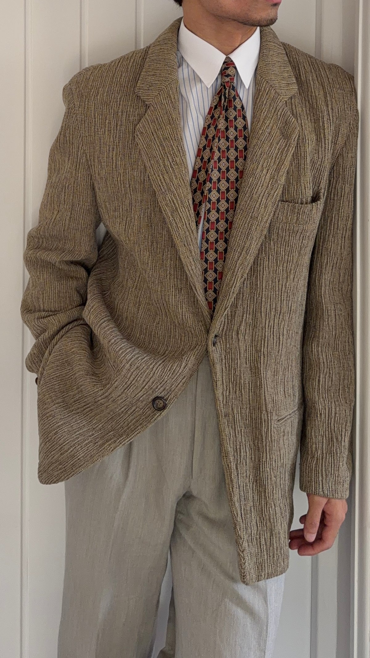 Emporio Armani 1990s 3D 'Tree Bark' Textured Wool Rayon Sports Jacket Blazer - Size L