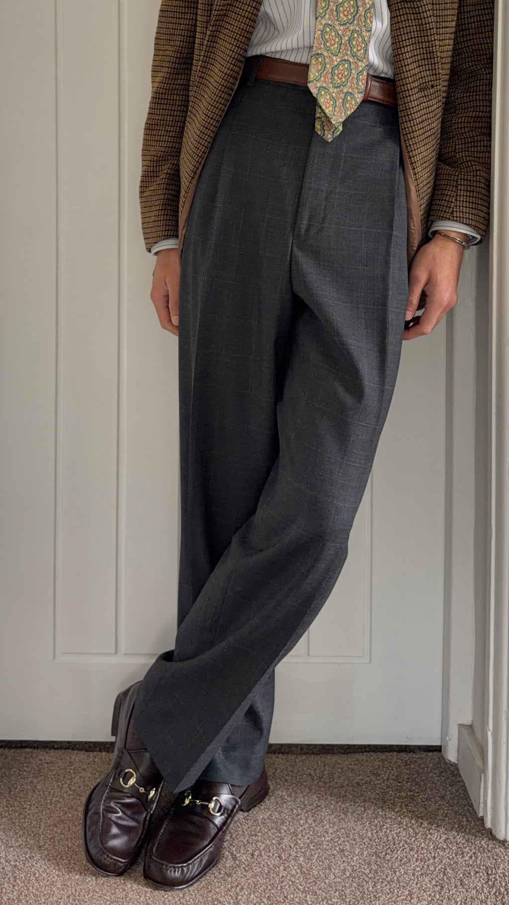 Armani 1990s Windowpane Check Pleated Wool Pants Gray - Size 38" Waist