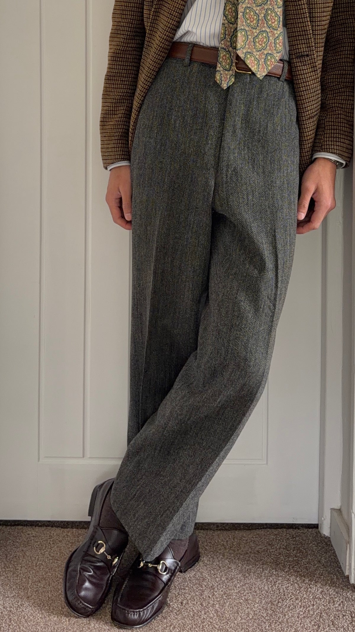 Dior 1980s Herringbone Tweed Wool Pants Gray - Size 33" Waist
