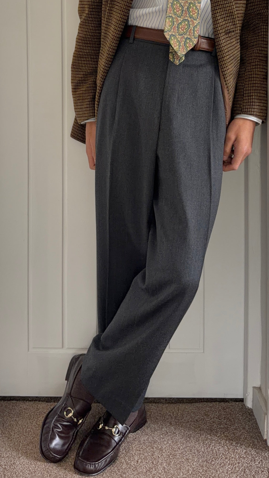 Dior 1980s Draped Wool Double Pleat Pants Gray - Size 34" Waist